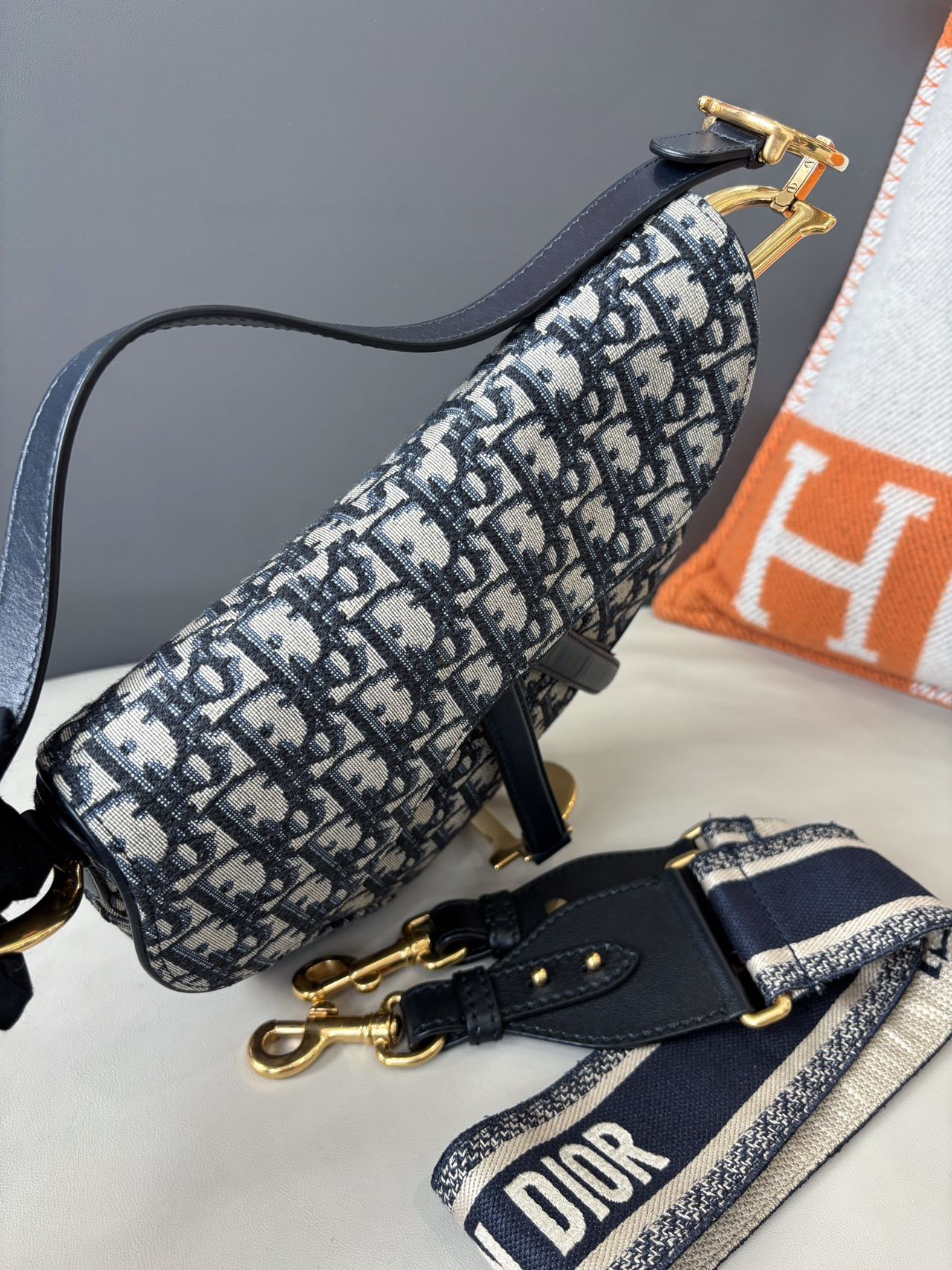 Pre-owned Certified Dior Medium Saddle in Blue Oblique Canvas, 2018, w/ dust bag, strap