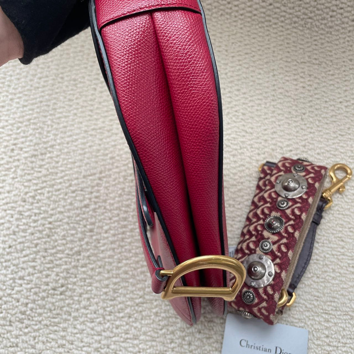 Pre-owned Certified Dior Medium Saddle in Burgundy Grained Calfskin with Golden Hardware, 2019, w/card, dust bag, strap