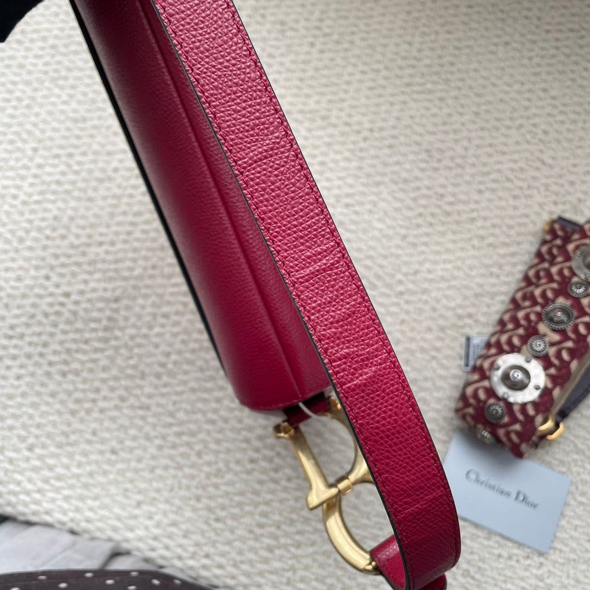 Pre-owned Certified Dior Medium Saddle in Burgundy Grained Calfskin with Golden Hardware, 2019, w/card, dust bag, strap