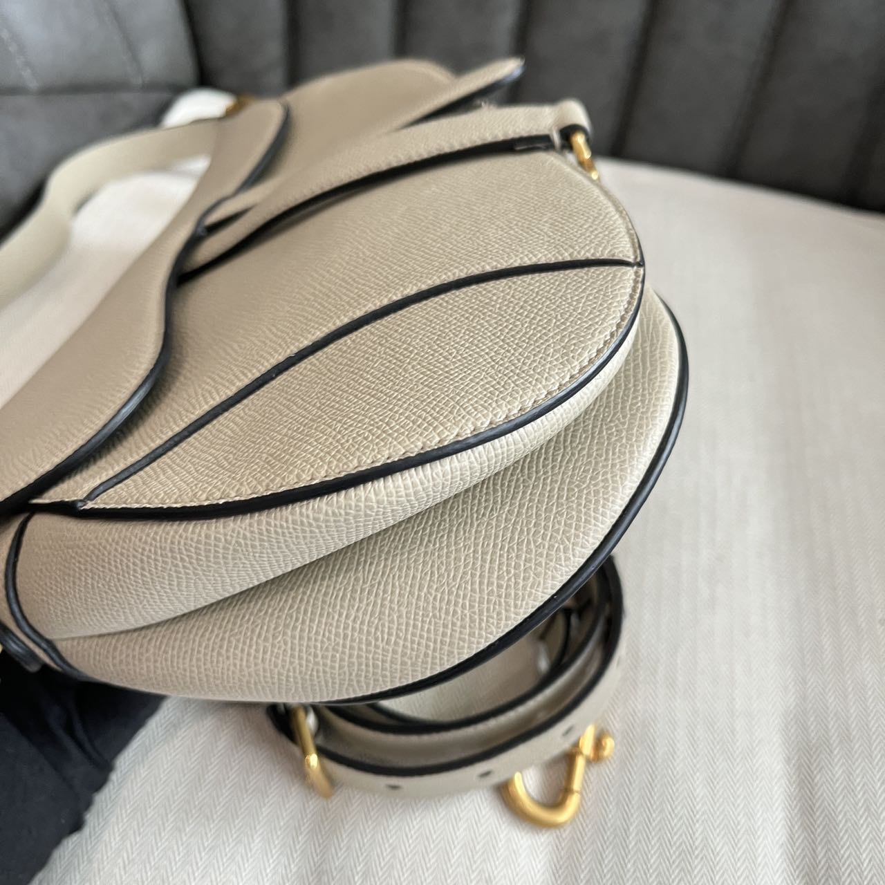 Pre-owned Certified Dior Medium Saddle in Etoupe Grained Calfskin with Golden Hardware, 2023, w/dust bag, leather strap