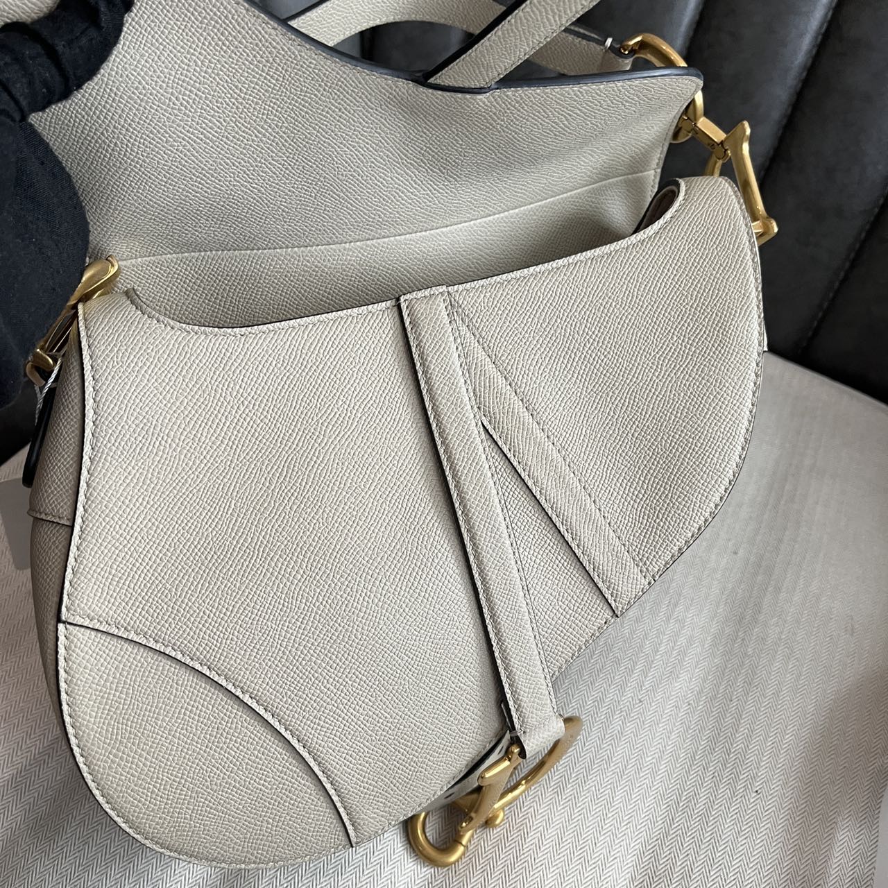 Pre-owned Certified Dior Medium Saddle in Etoupe Grained Calfskin with Golden Hardware, 2023, w/dust bag, leather strap