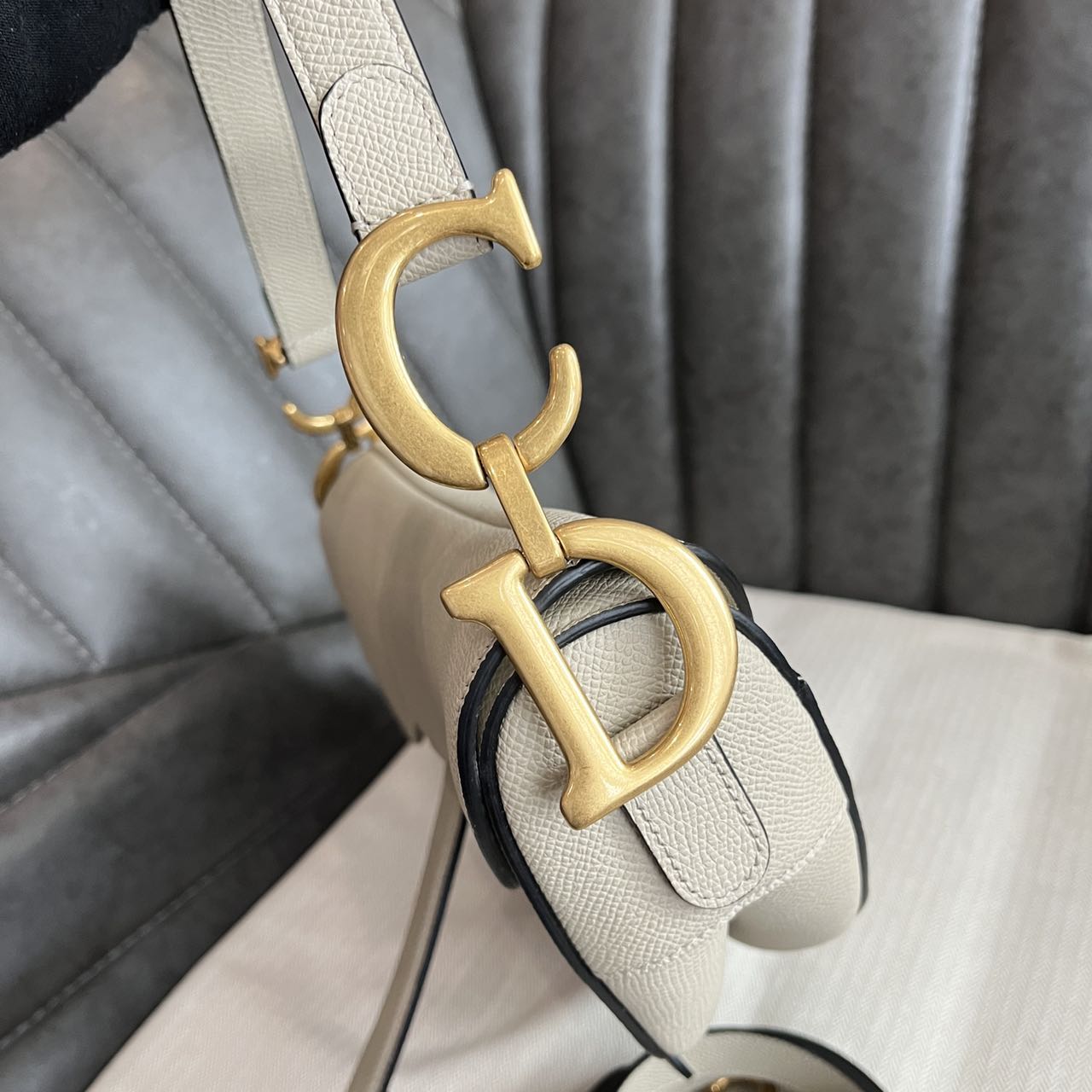 Pre-owned Certified Dior Medium Saddle in Etoupe Grained Calfskin with Golden Hardware, 2023, w/dust bag, leather strap