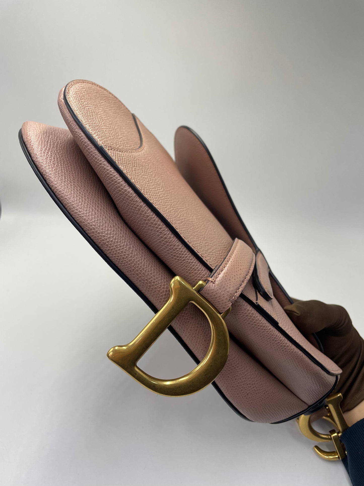 Pre-owned Certified Dior Medium Saddle in Nude Pink Medium Grained Calfskin, Golden Hardware, 2019, w/ Dior canvas strap, dust bag