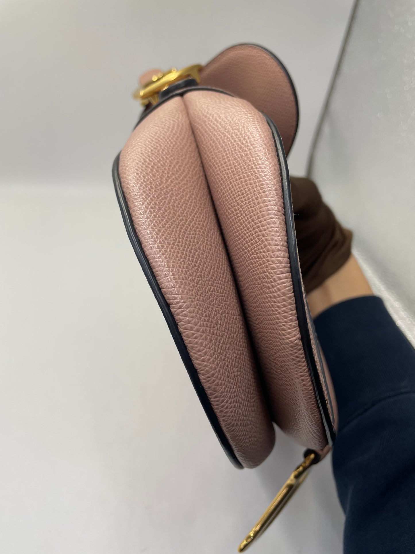 Pre-owned Certified Dior Medium Saddle in Nude Pink Medium Grained Calfskin, Golden Hardware, 2019, w/ Dior canvas strap, dust bag