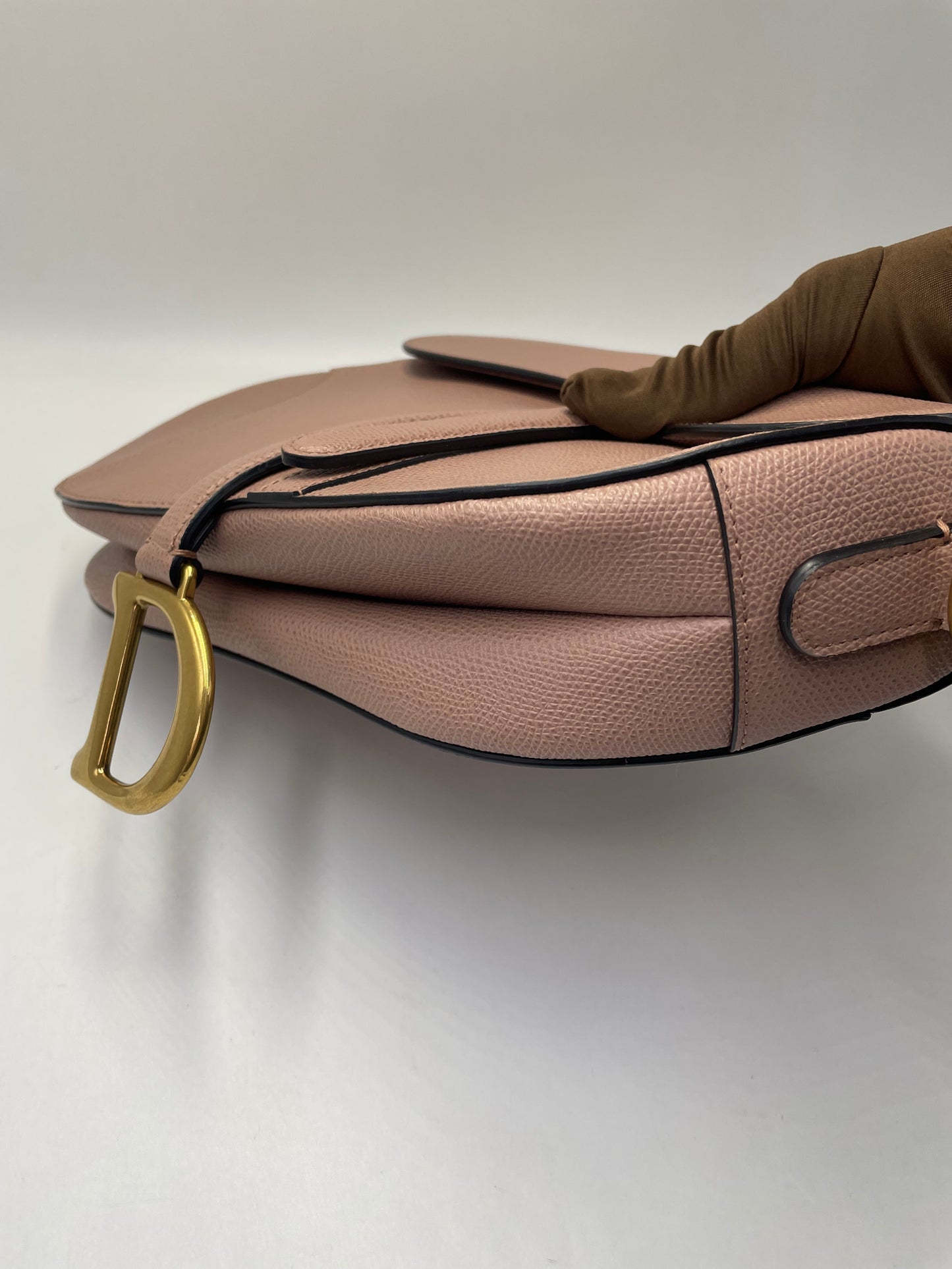 Pre-owned Certified Dior Medium Saddle in Nude Pink Medium Grained Calfskin, Golden Hardware, 2019, w/ Dior canvas strap, dust bag