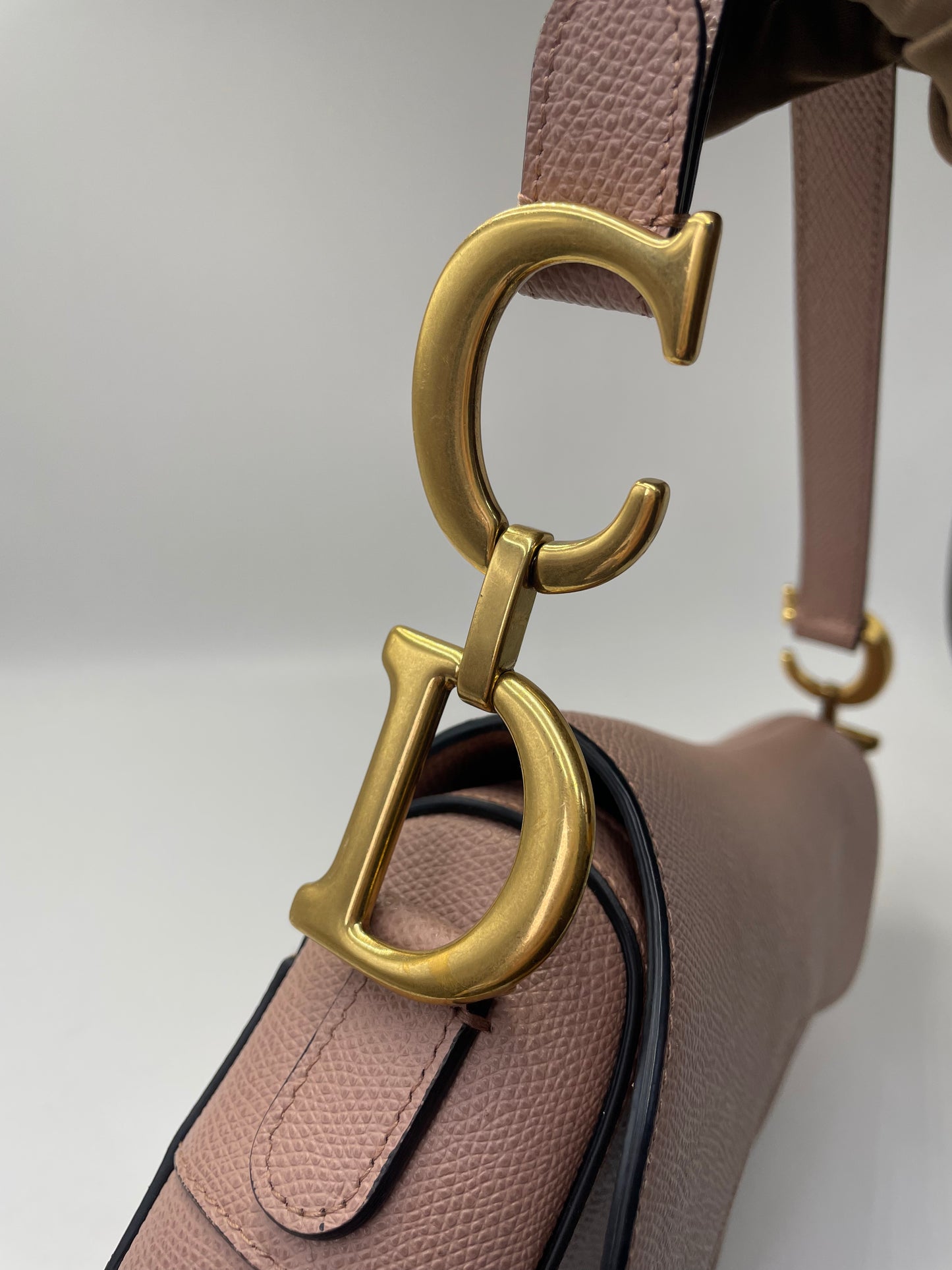 Pre-owned Certified Dior Medium Saddle in Nude Pink Medium Grained Calfskin, Golden Hardware, 2019, w/ Dior canvas strap, dust bag