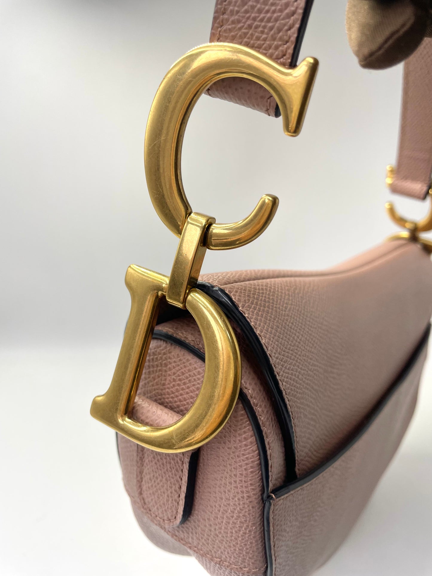 Pre-owned Certified Dior Medium Saddle in Nude Pink Medium Grained Calfskin, Golden Hardware, 2019, w/ Dior canvas strap, dust bag