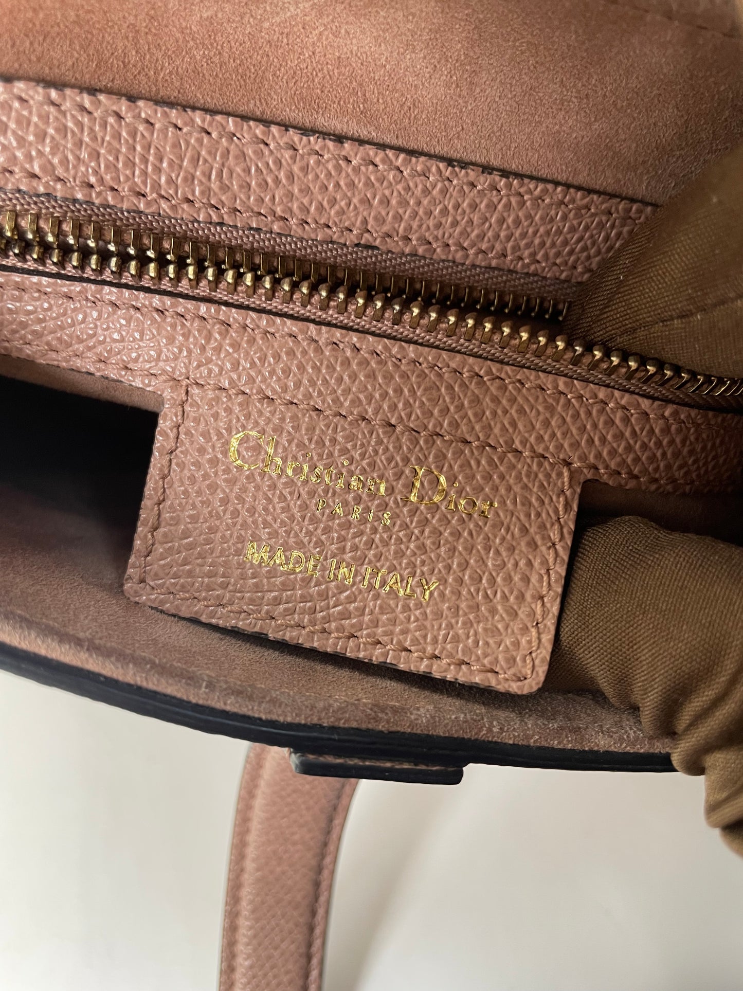 Pre-owned Certified Dior Medium Saddle in Nude Pink Medium Grained Calfskin, Golden Hardware, 2019, w/ Dior canvas strap, dust bag