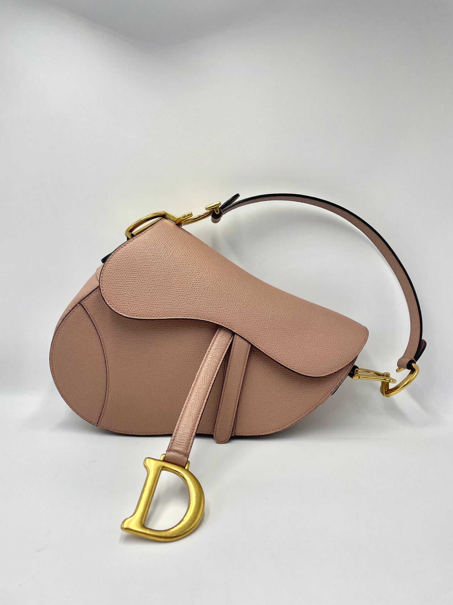 Pre-owned Certified Dior Medium Saddle in Nude Pink Medium Grained Calfskin, Golden Hardware, 2019, w/ Dior canvas strap, dust bag