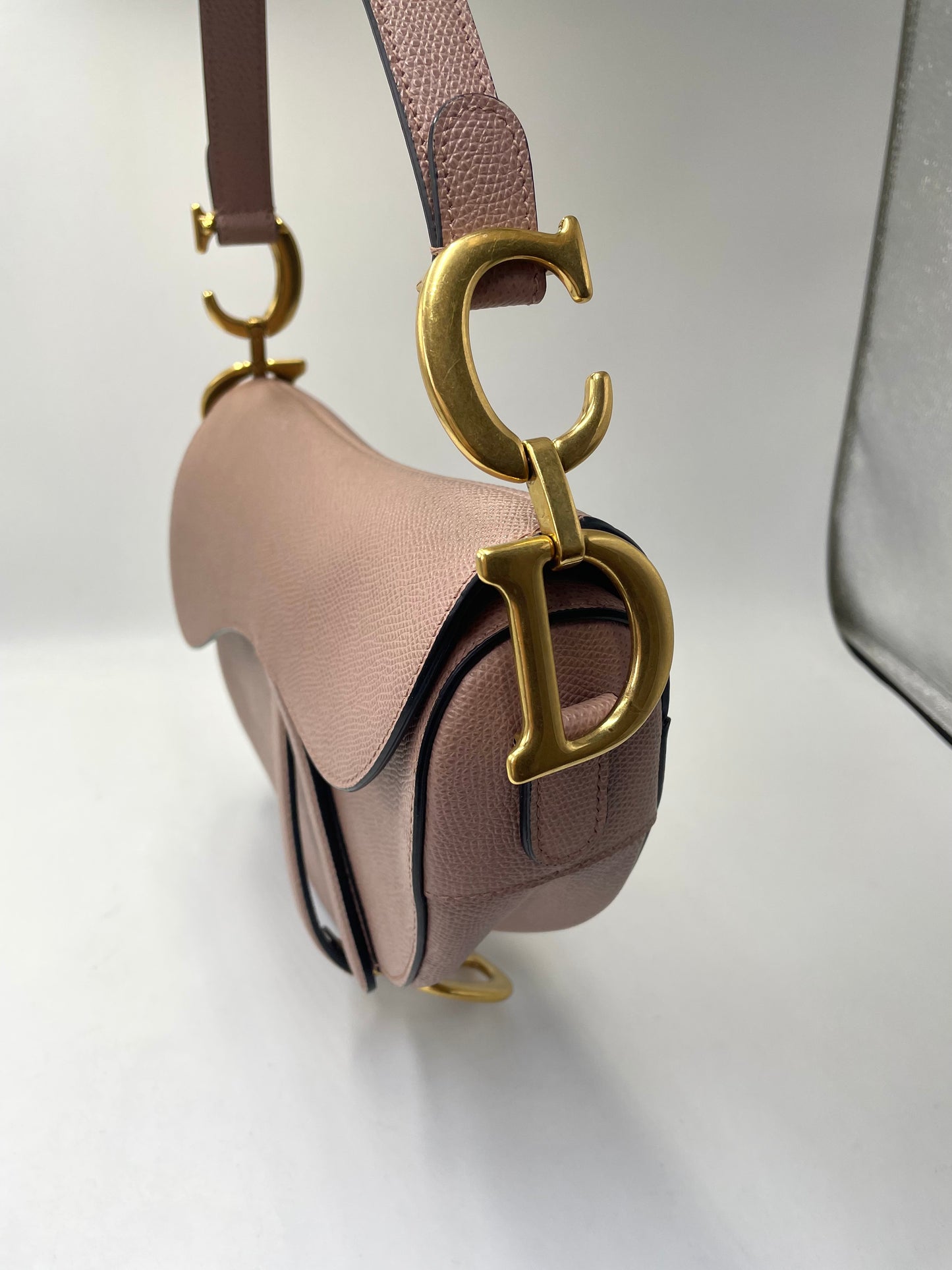 Pre-owned Certified Dior Medium Saddle in Nude Pink Medium Grained Calfskin, Golden Hardware, 2019, w/ Dior canvas strap, dust bag
