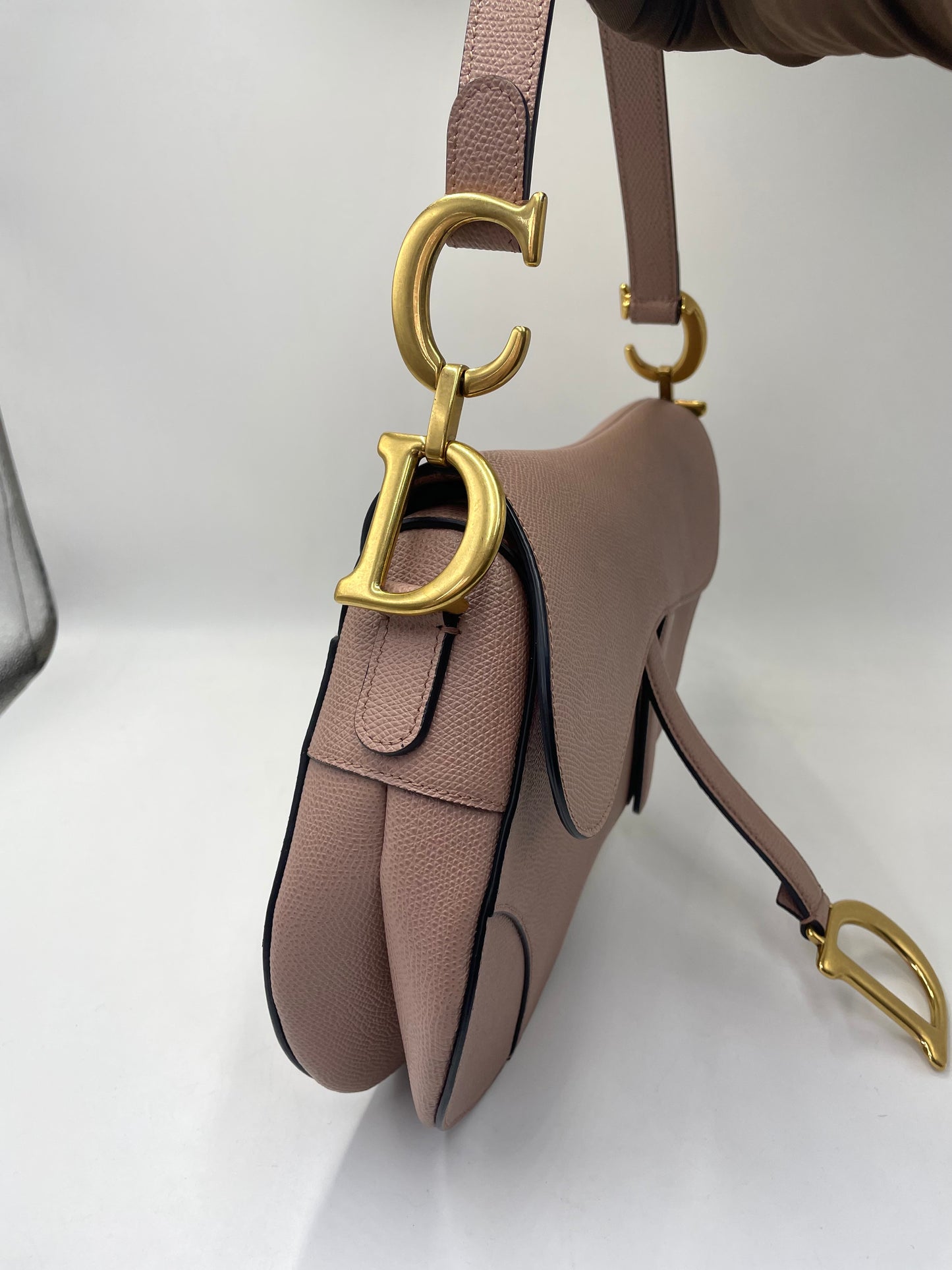 Pre-owned Certified Dior Medium Saddle in Nude Pink Medium Grained Calfskin, Golden Hardware, 2019, w/ Dior canvas strap, dust bag