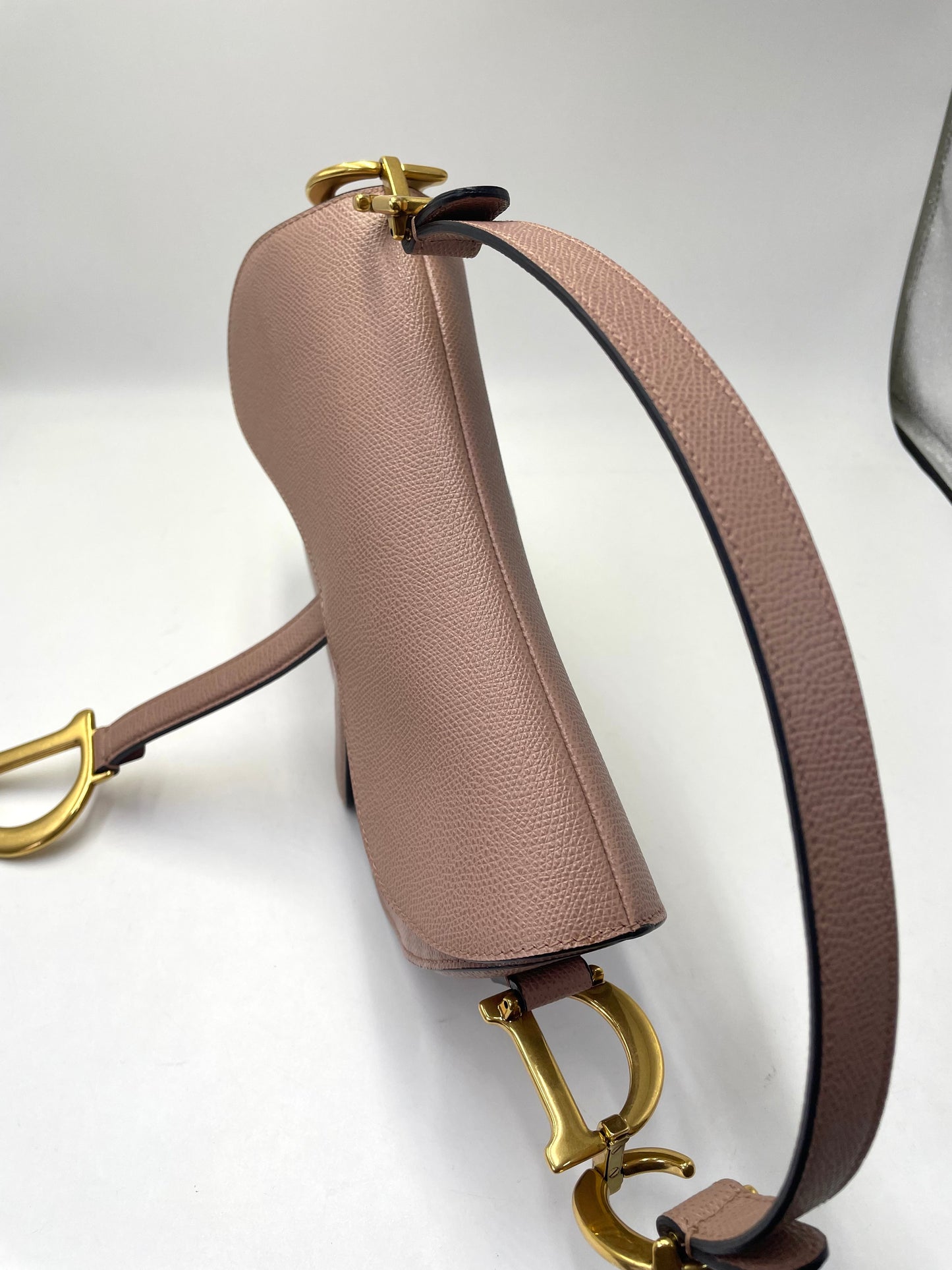 Pre-owned Certified Dior Medium Saddle in Nude Pink Medium Grained Calfskin, Golden Hardware, 2019, w/ Dior canvas strap, dust bag