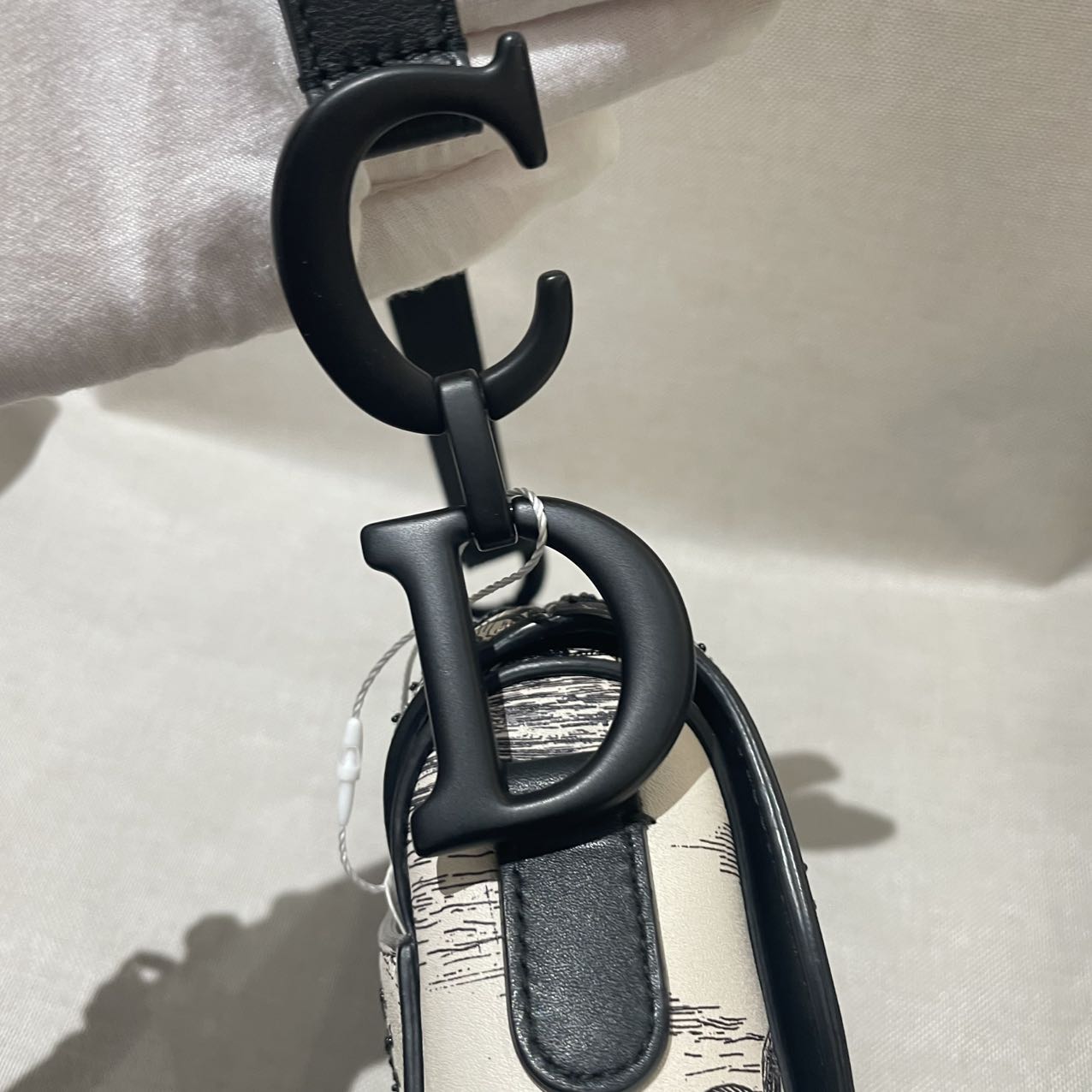 Pre-owned Certified Dior Medium Saddle in White Calfskin with Black Tropical Embroidery, with So Black Hardware, 2019, w/ dust bag