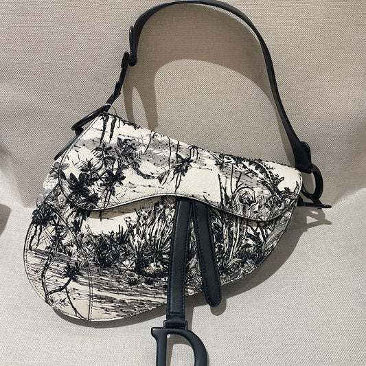 Pre-owned Certified Dior Medium Saddle in White Calfskin with Black Tropical Embroidery, with So Black Hardware, 2019, w/ dust bag