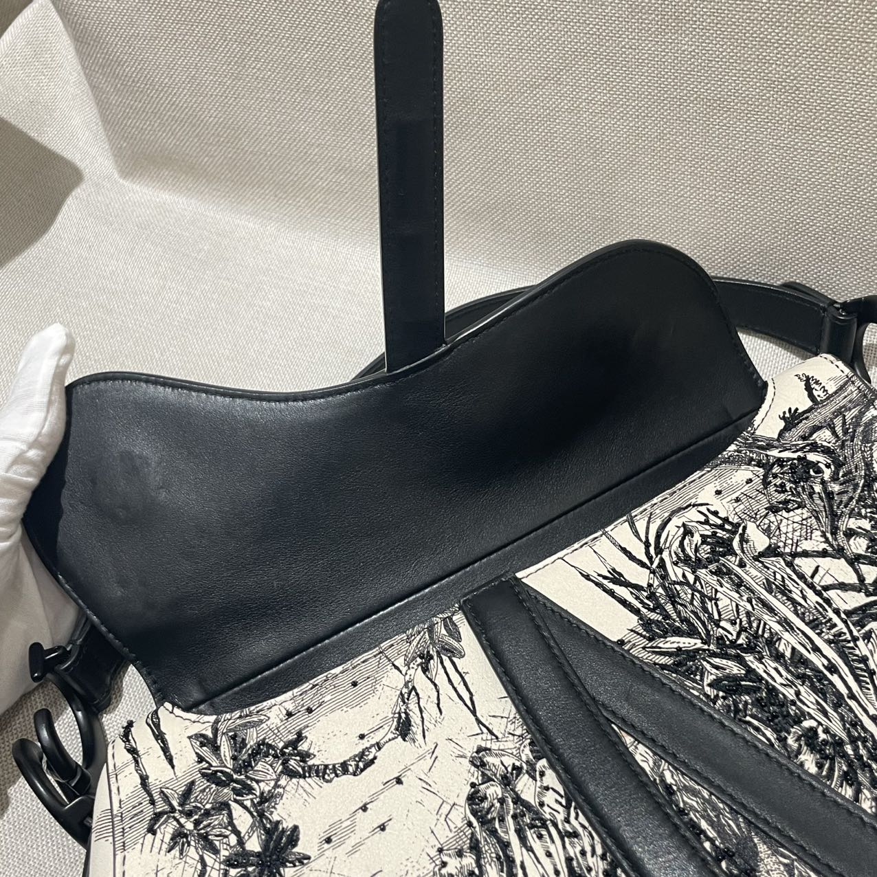Pre-owned Certified Dior Medium Saddle in White Calfskin with Black Tropical Embroidery, with So Black Hardware, 2019, w/ dust bag