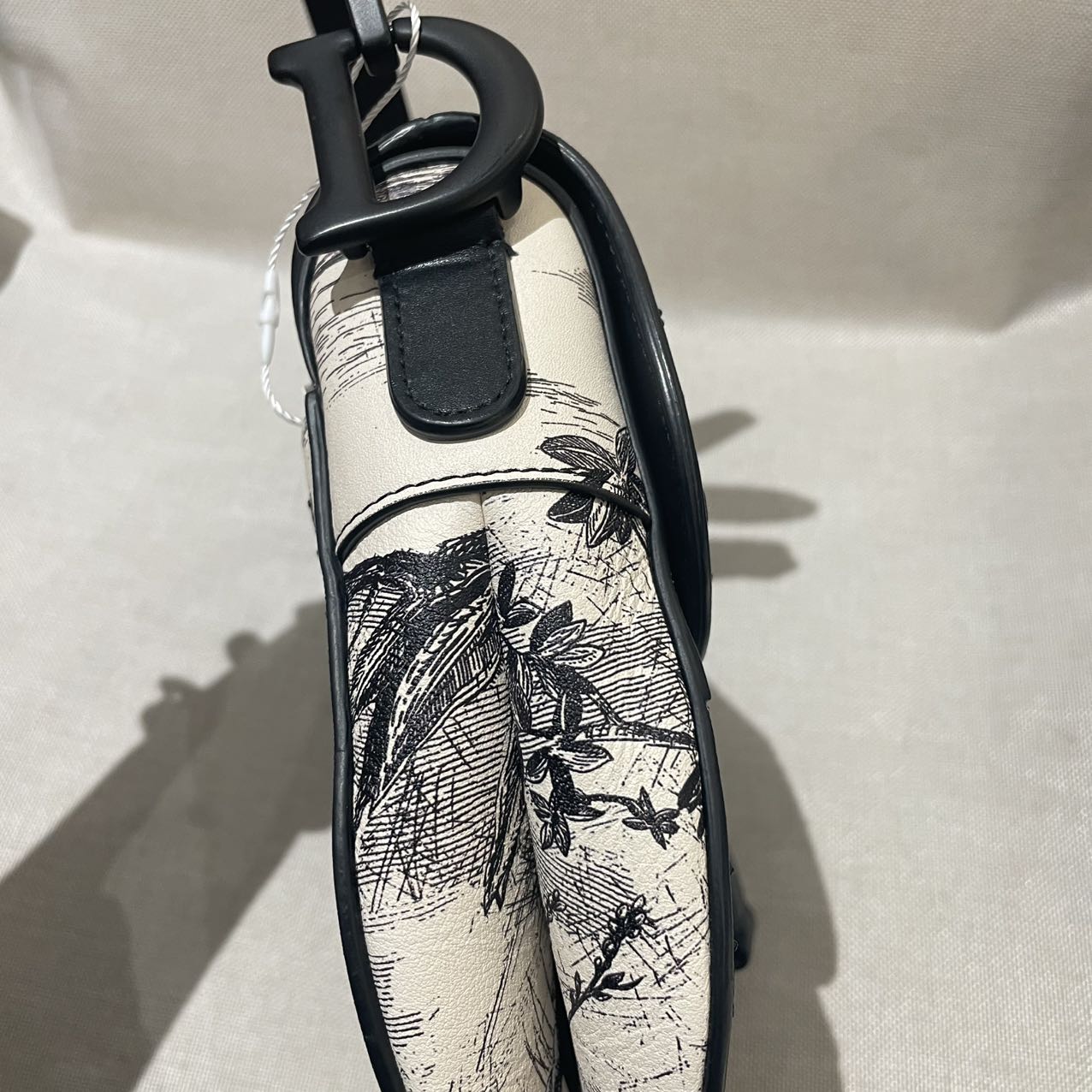 Pre-owned Certified Dior Medium Saddle in White Calfskin with Black Tropical Embroidery, with So Black Hardware, 2019, w/ dust bag