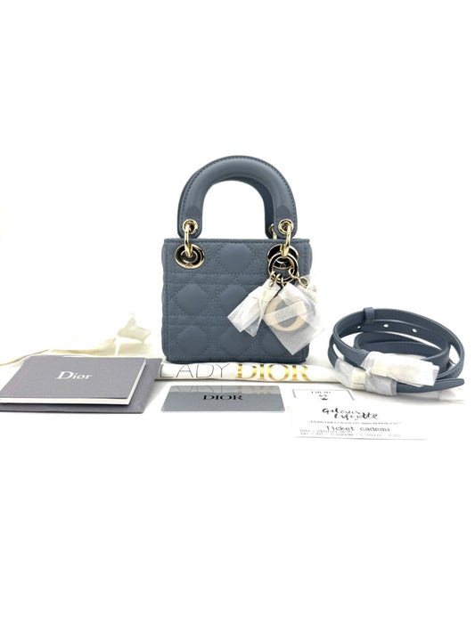 Pre-owned Certified Dior Micro Lady Dior in Deep Sky Blue Lambskin with Golden Hardware, w/dust bag, strap