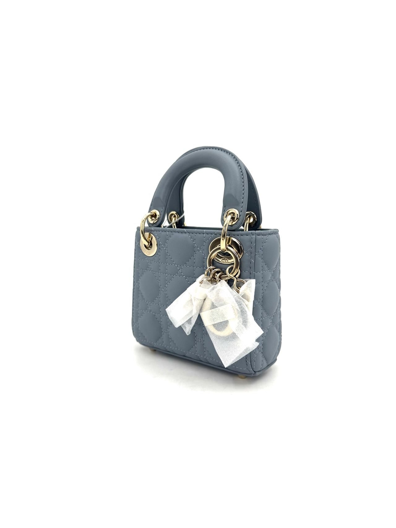 Pre-owned Certified Dior Micro Lady Dior in Deep Sky Blue Lambskin with Golden Hardware, w/dust bag, strap