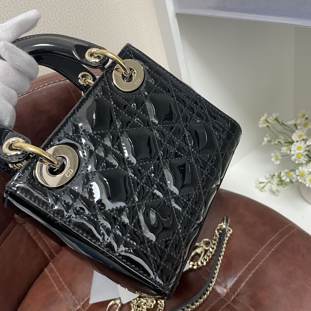 Pre-owned Certified Dior Mini Lady Dior in Black Patent Leather with Light Golden Hardware, 2020, w/full set
