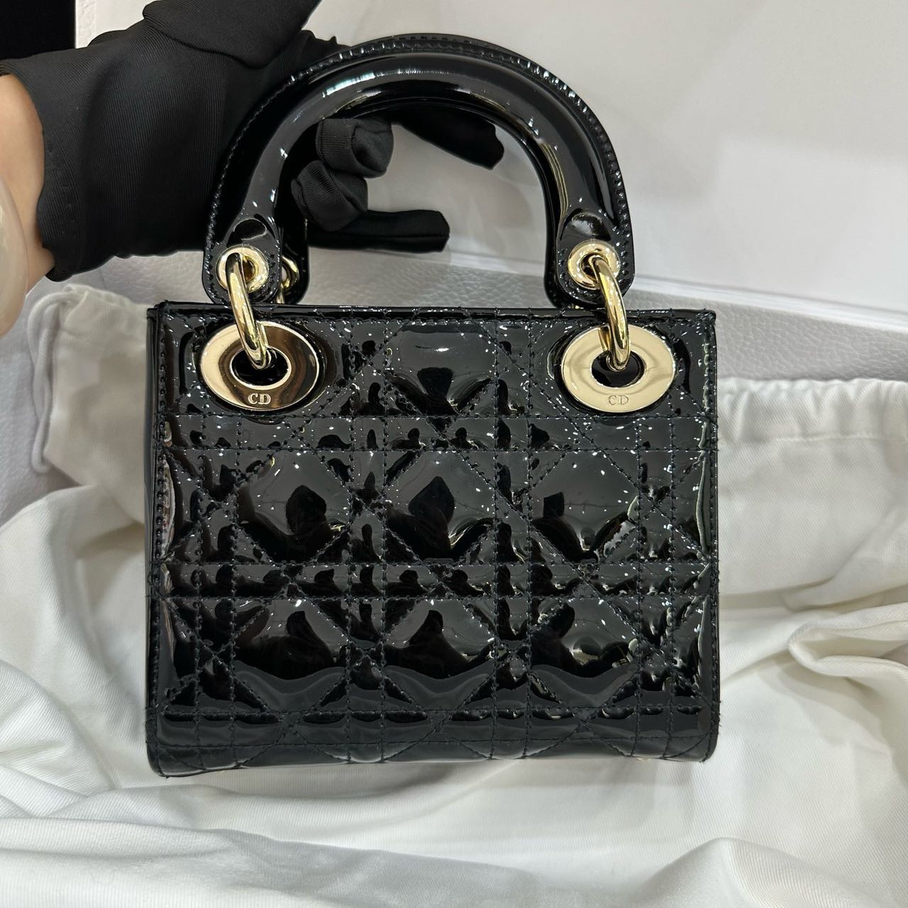 Pre-owned Certified Dior Mini Lady Dior in Black Patent Leather with Golden Hardware, 2020, w/full set