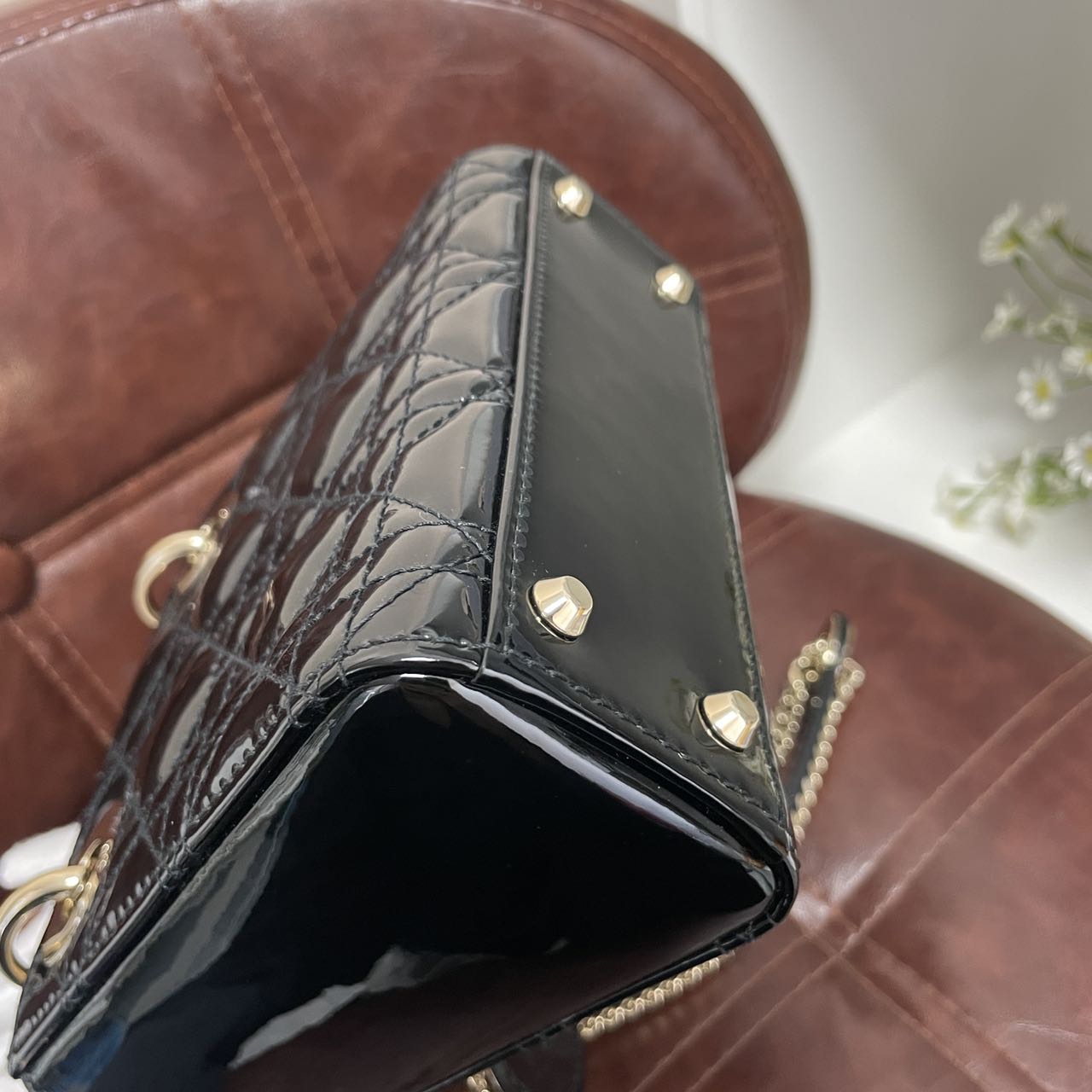 Pre-owned Certified Dior Mini Lady Dior in Black Patent Leather with Light Golden Hardware, 2020, w/full set