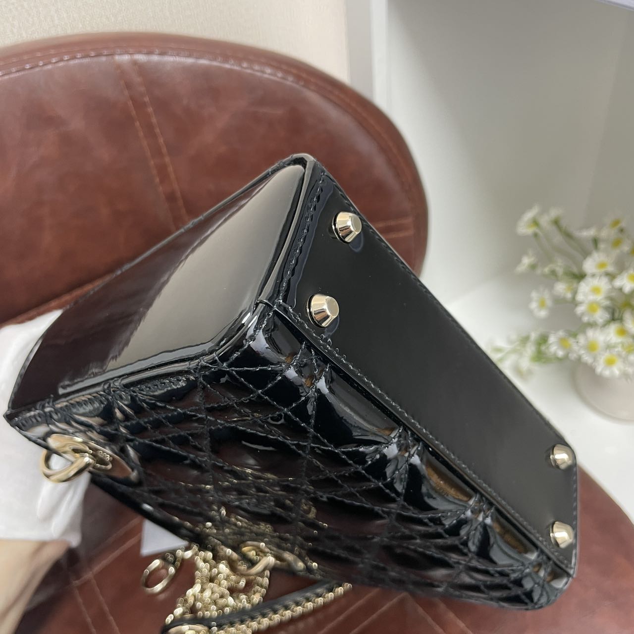 Pre-owned Certified Dior Mini Lady Dior in Black Patent Leather with Light Golden Hardware, 2020, w/full set