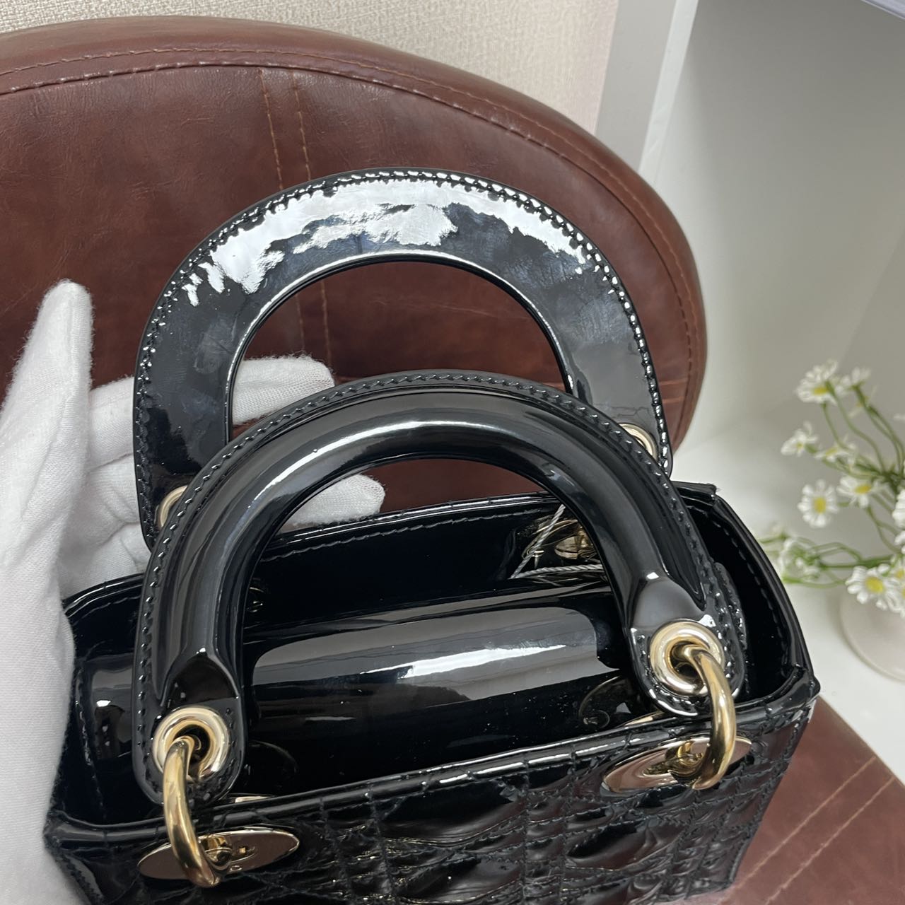 Pre-owned Certified Dior Mini Lady Dior in Black Patent Leather with Light Golden Hardware, 2020, w/full set