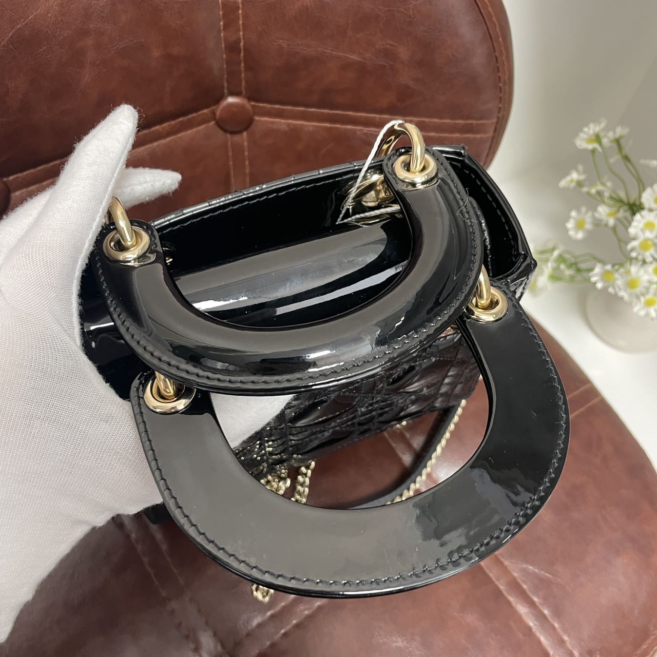 Pre-owned Certified Dior Mini Lady Dior in Black Patent Leather with Light Golden Hardware, 2020, w/full set