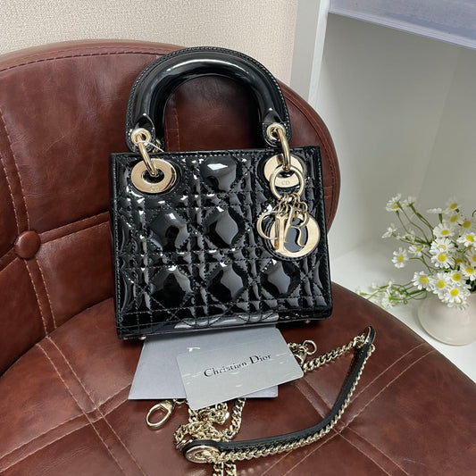 Pre-owned Certified Dior Mini Lady Dior in Black Patent Leather with Light Golden Hardware, 2020, w/full set