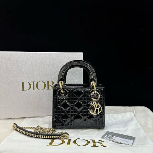 Pre-owned Certified Dior Mini Lady Dior in Black Patent Leather with Golden Hardware, 2020, w/full set