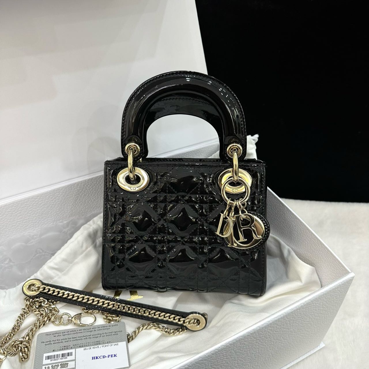 Pre-owned Certified Dior Mini Lady Dior in Black Patent Leather with Golden Hardware, 2020, w/full set