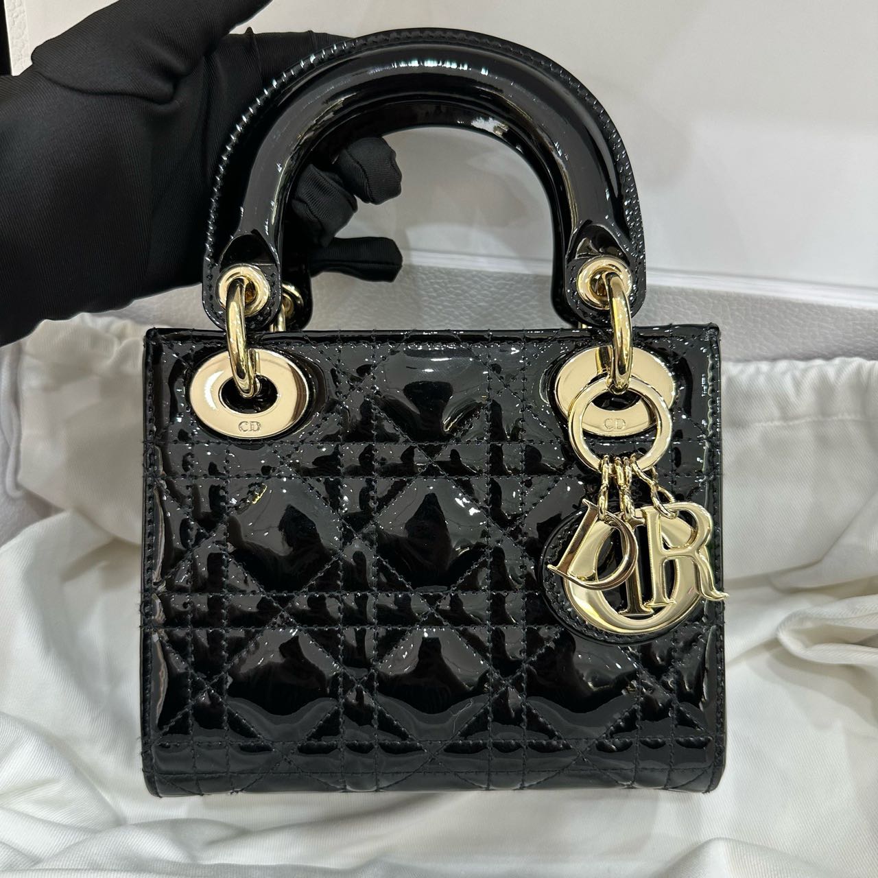 Pre-owned Certified Dior Mini Lady Dior in Black Patent Leather with Golden Hardware, 2020, w/full set