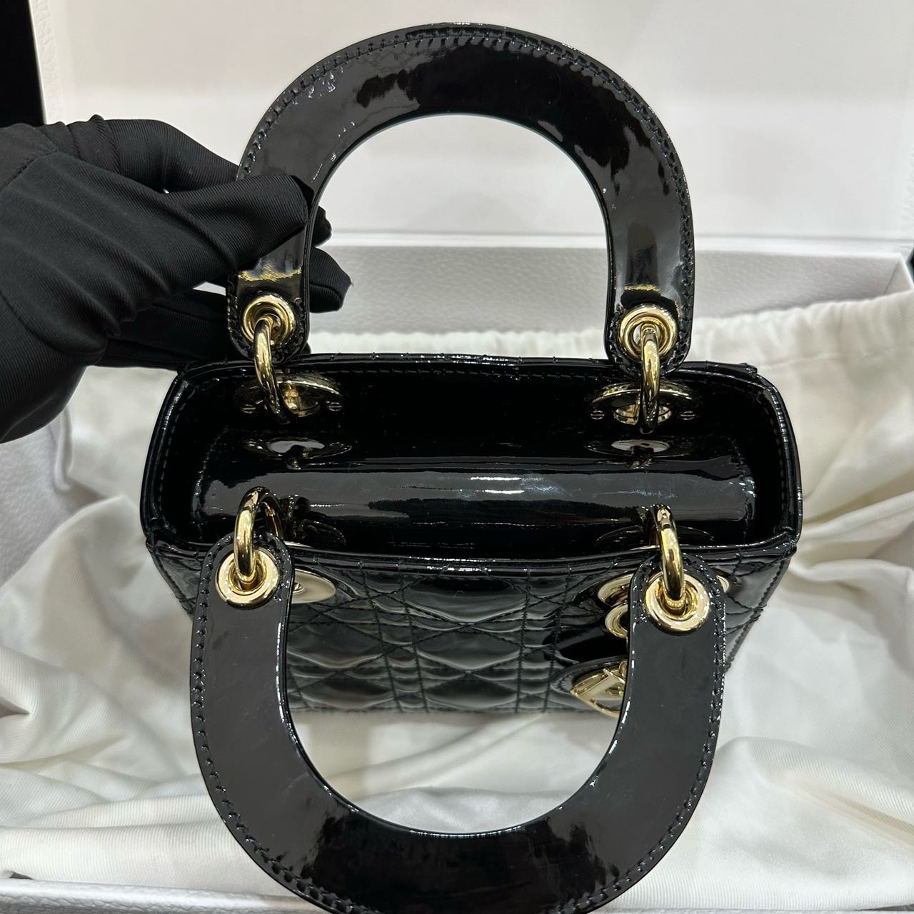 Pre-owned Certified Dior Mini Lady Dior in Black Patent Leather with Golden Hardware, 2020, w/full set
