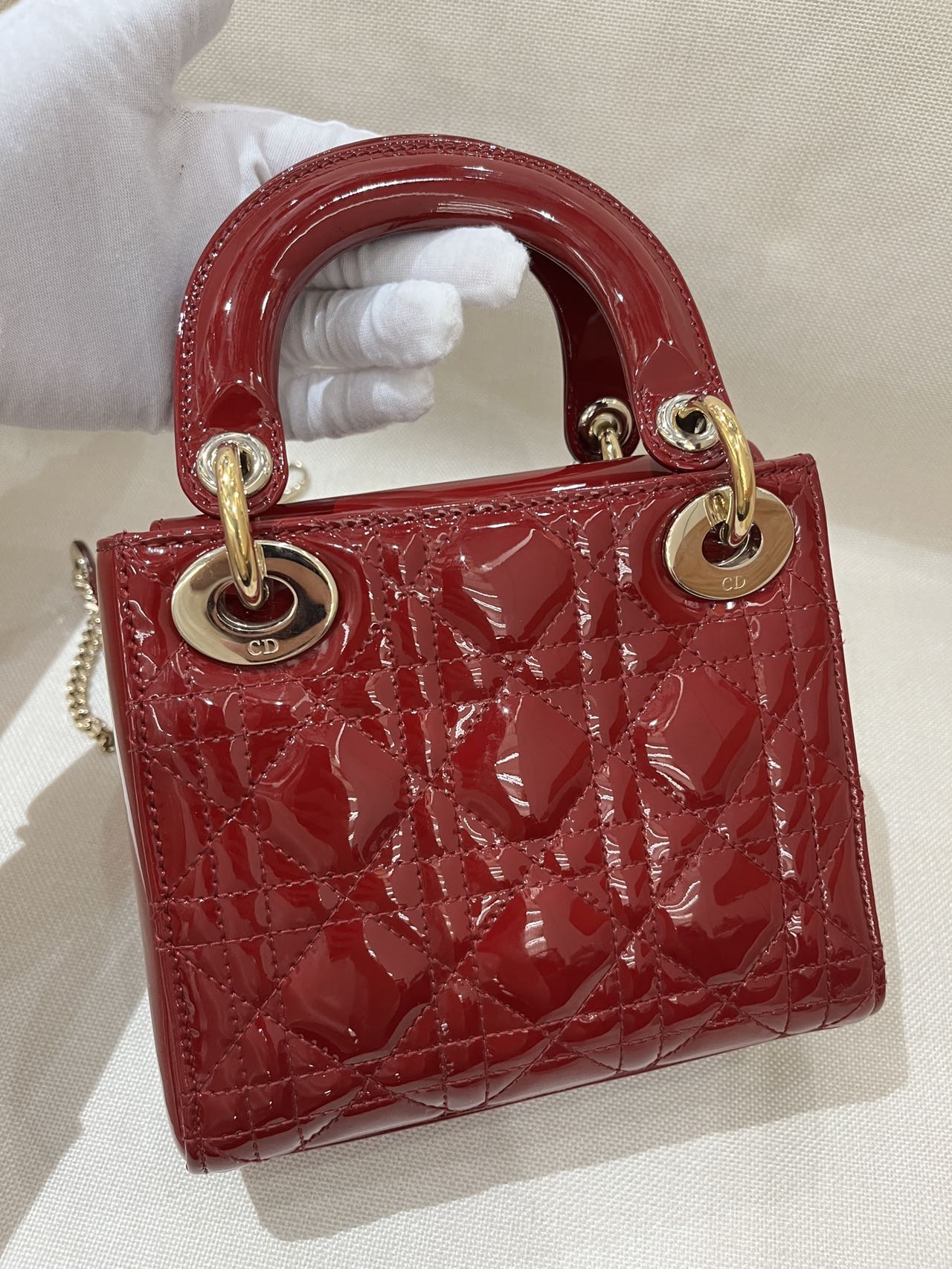 Pre-owned Certified Dior Mini Lady Dior in Dark Cherry Red Patent Leather with Light Golden Hardware, 2017, w/ full set