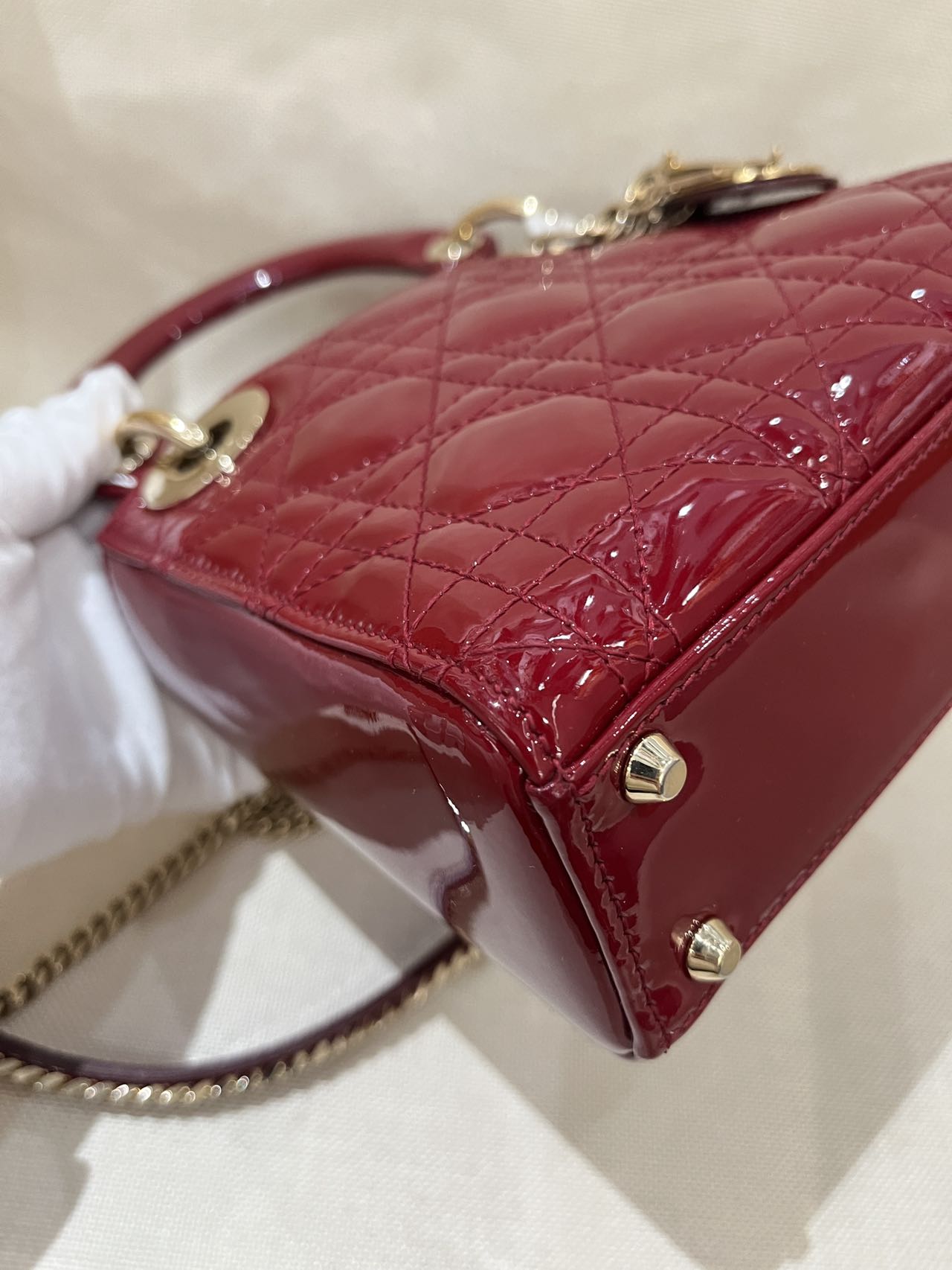 Pre-owned Certified Dior Mini Lady Dior in Dark Cherry Red Patent Leather with Light Golden Hardware, 2017, w/ full set