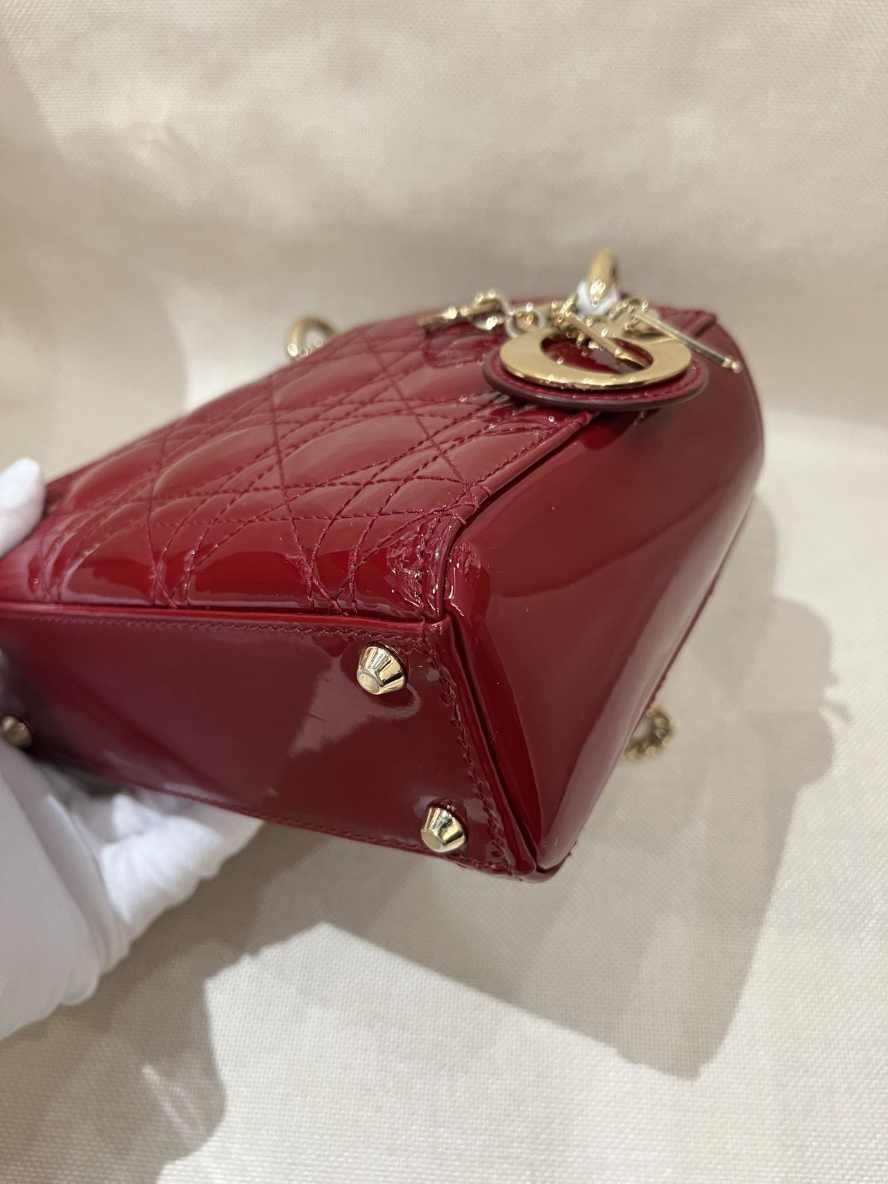 Pre-owned Certified Dior Mini Lady Dior in Dark Cherry Red Patent Leather with Light Golden Hardware, 2017, w/ full set