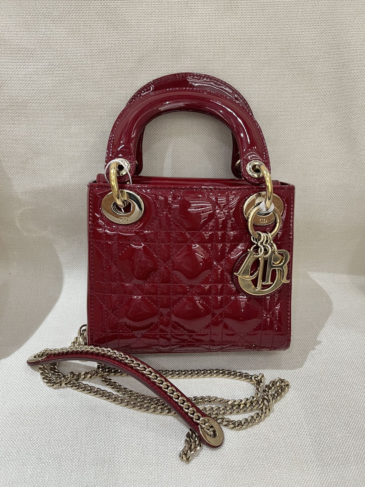 Pre-owned Certified Dior Mini Lady Dior in Dark Cherry Red Patent Leather with Light Golden Hardware, 2017, w/ full set