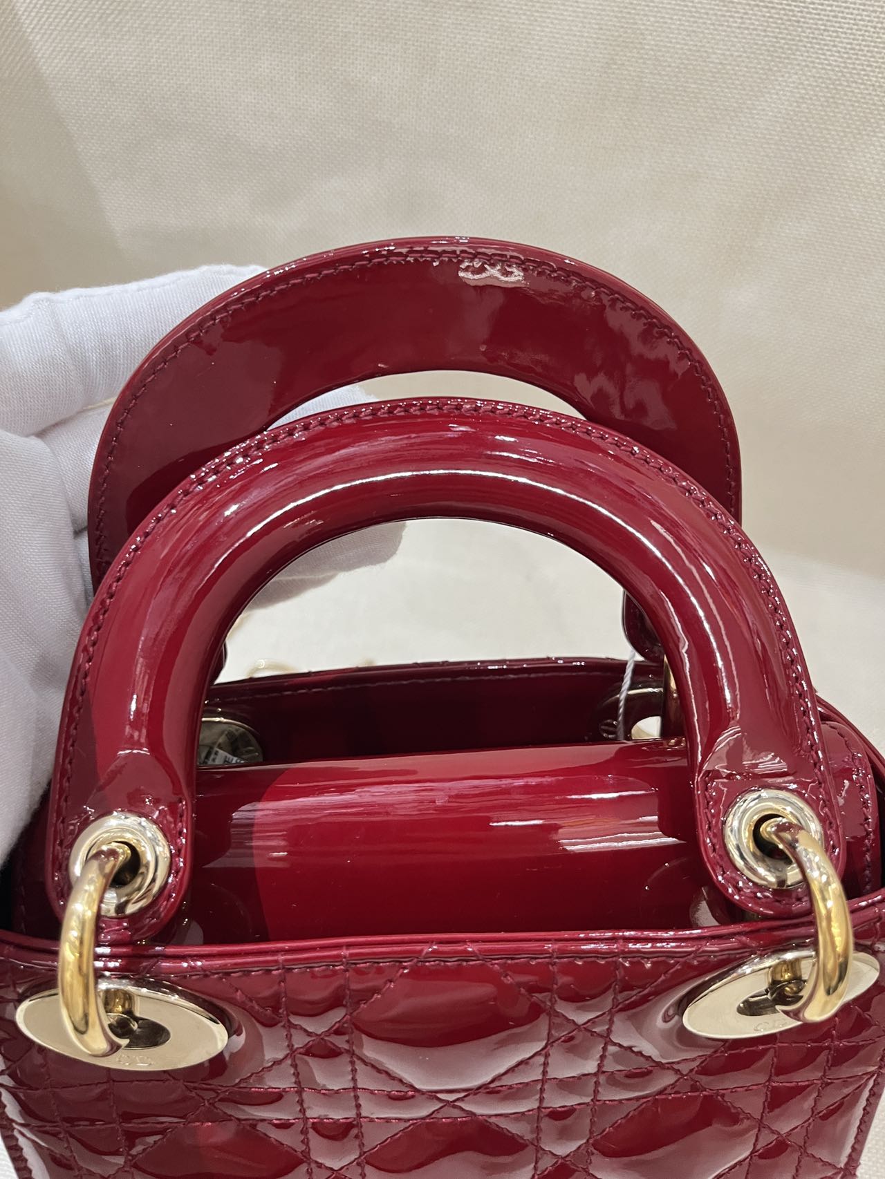 Pre-owned Certified Dior Mini Lady Dior in Dark Cherry Red Patent Leather with Light Golden Hardware, 2017, w/ full set