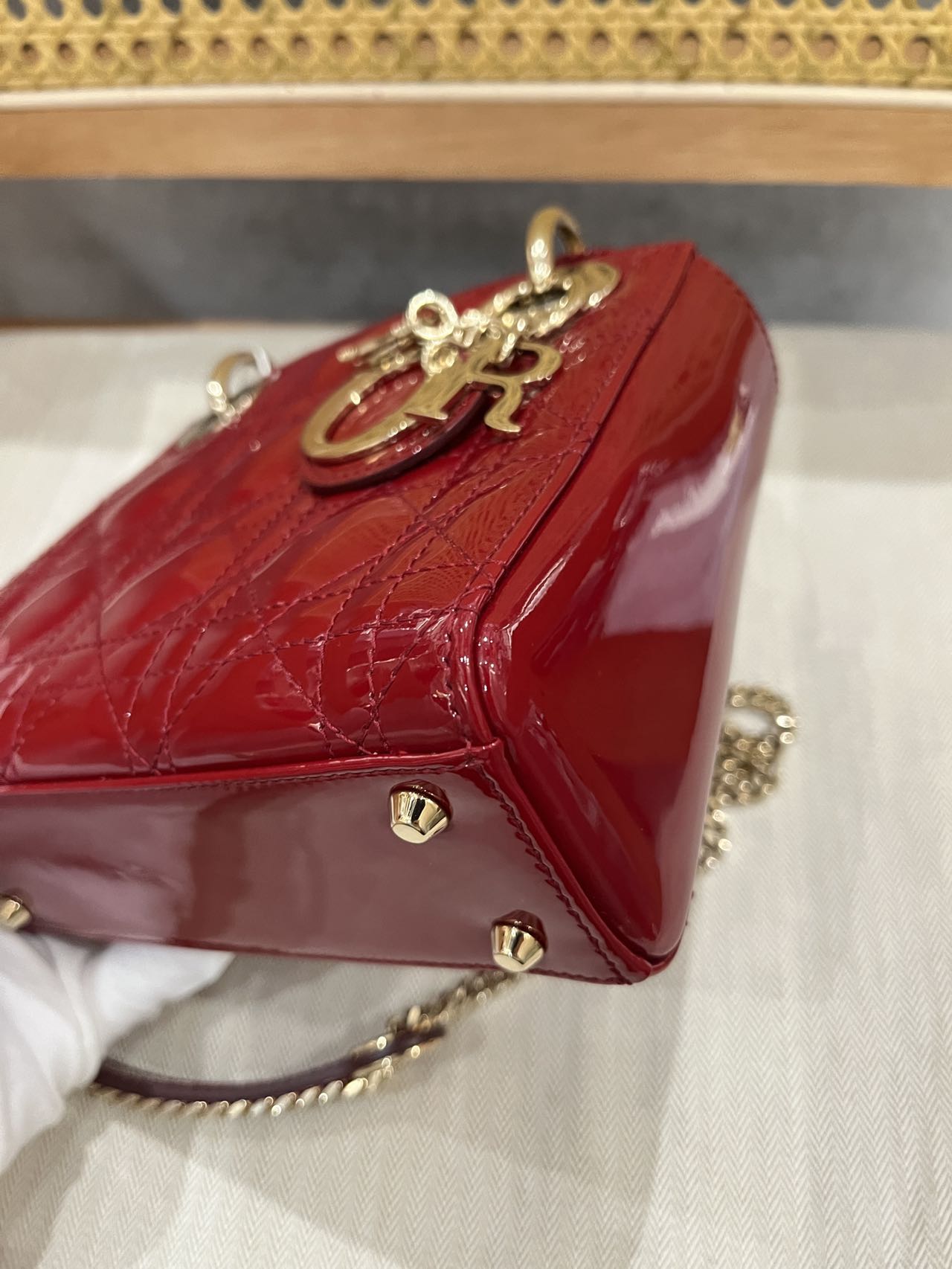 Pre-owned Certified Dior Mini Lady Dior in Dark Cherry Red Patent Leather with Light Golden Hardware, 2019, w/ full set