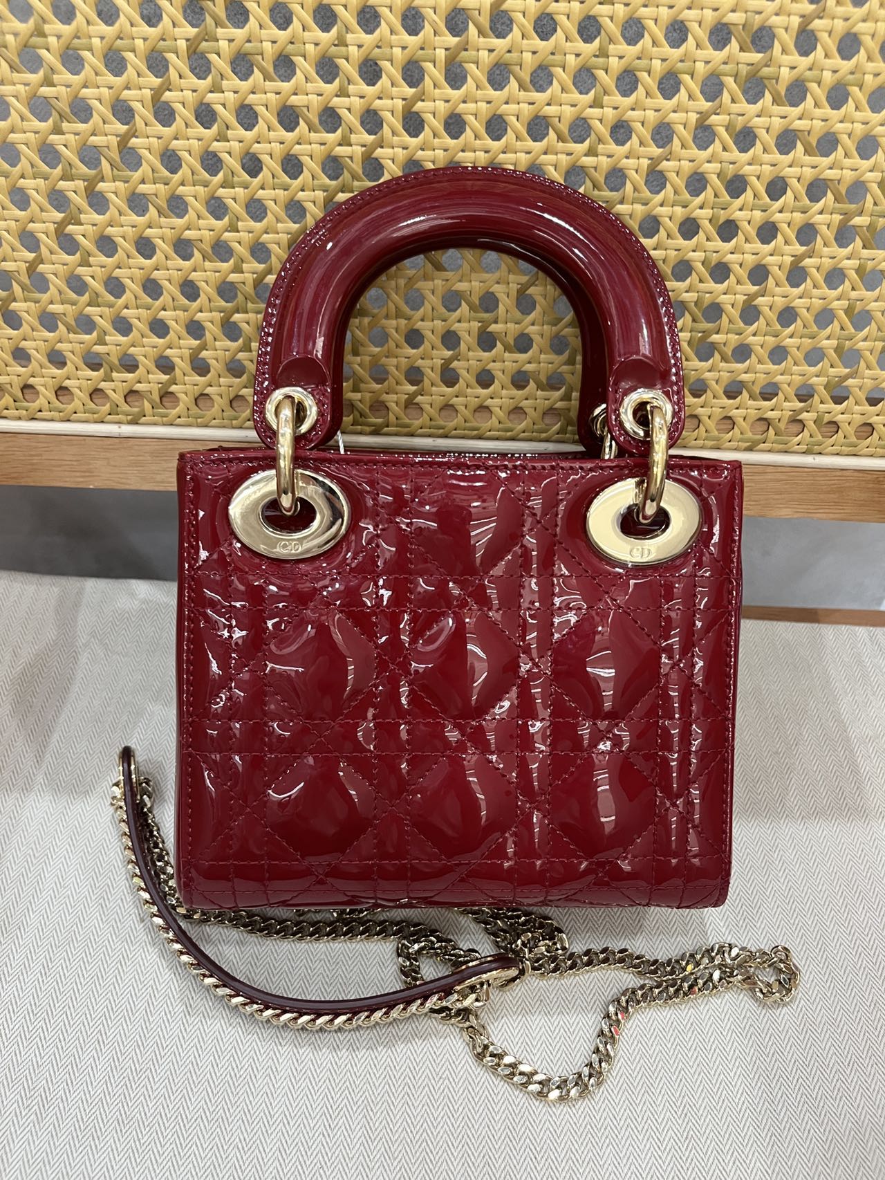 Pre-owned Certified Dior Mini Lady Dior in Dark Cherry Red Patent Leather with Light Golden Hardware, 2019, w/ full set