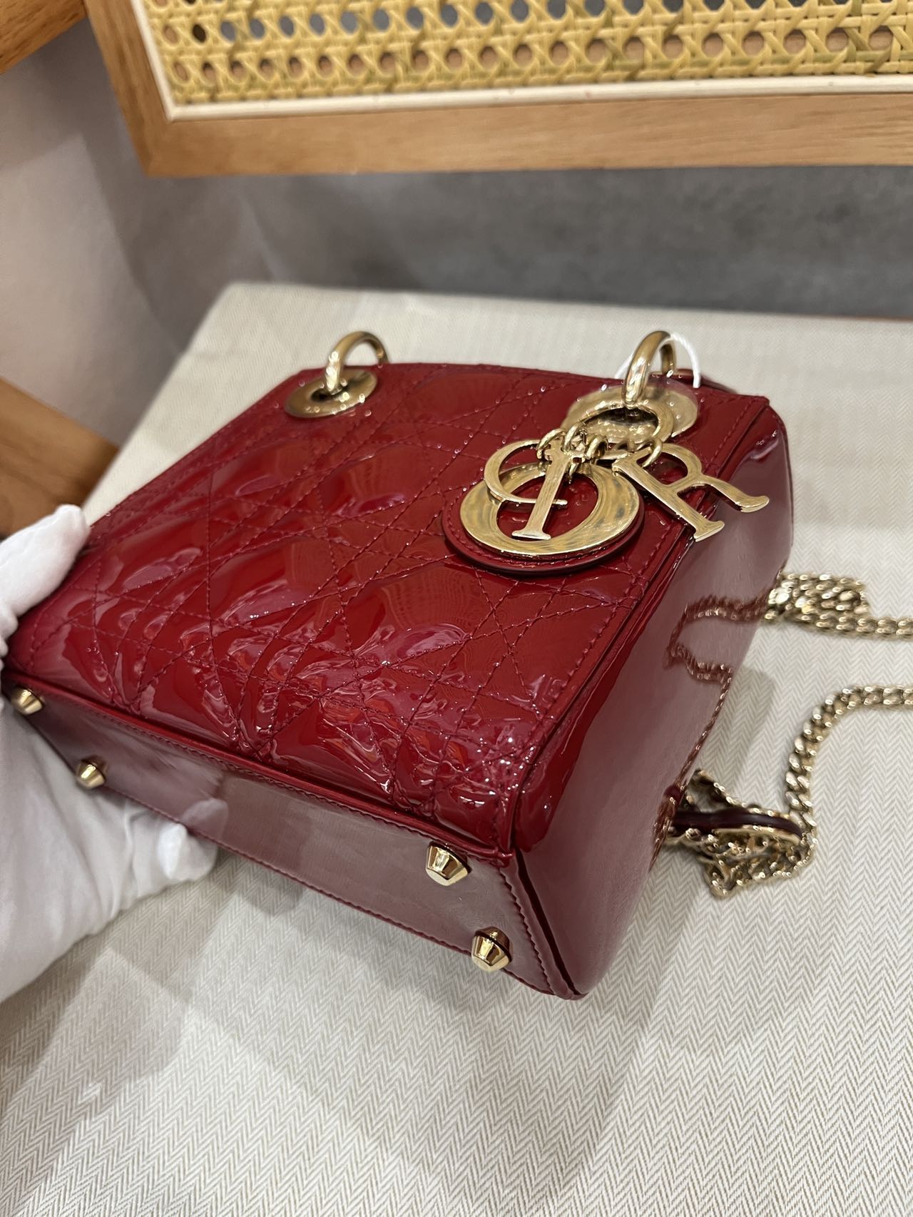 Pre-owned Certified Dior Mini Lady Dior in Dark Cherry Red Patent Leather with Light Golden Hardware, 2019, w/ full set