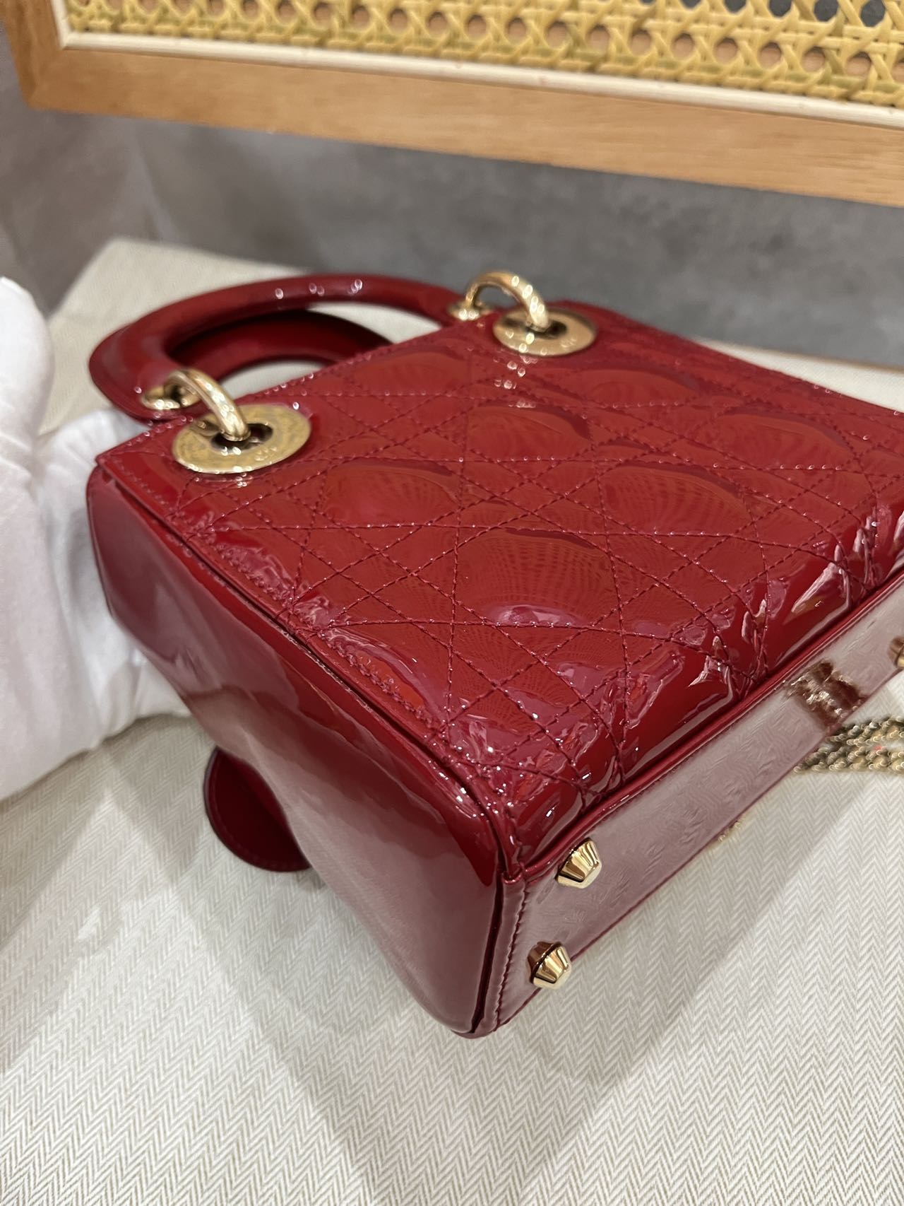 Pre-owned Certified Dior Mini Lady Dior in Dark Cherry Red Patent Leather with Light Golden Hardware, 2019, w/ full set