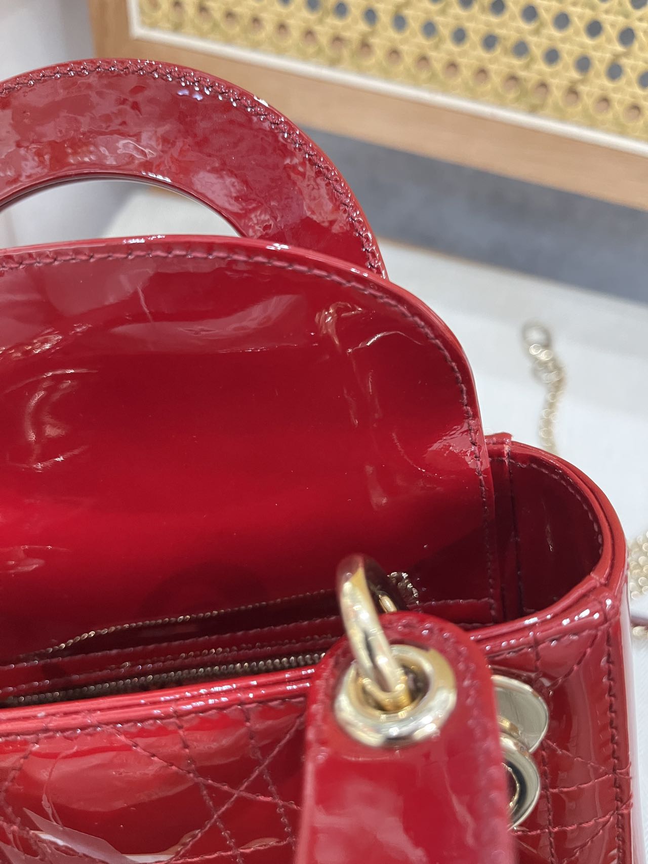 Pre-owned Certified Dior Mini Lady Dior in Dark Cherry Red Patent Leather with Light Golden Hardware, 2019, w/ full set