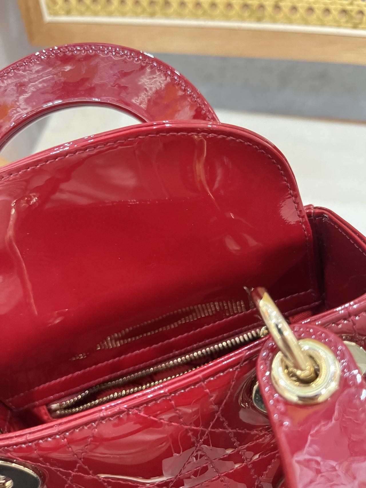 Pre-owned Certified Dior Mini Lady Dior in Dark Cherry Red Patent Leather with Light Golden Hardware, 2019, w/ full set
