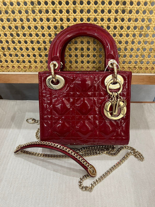 Pre-owned Certified Dior Mini Lady Dior in Dark Cherry Red Patent Leather with Light Golden Hardware, 2019, w/ full set