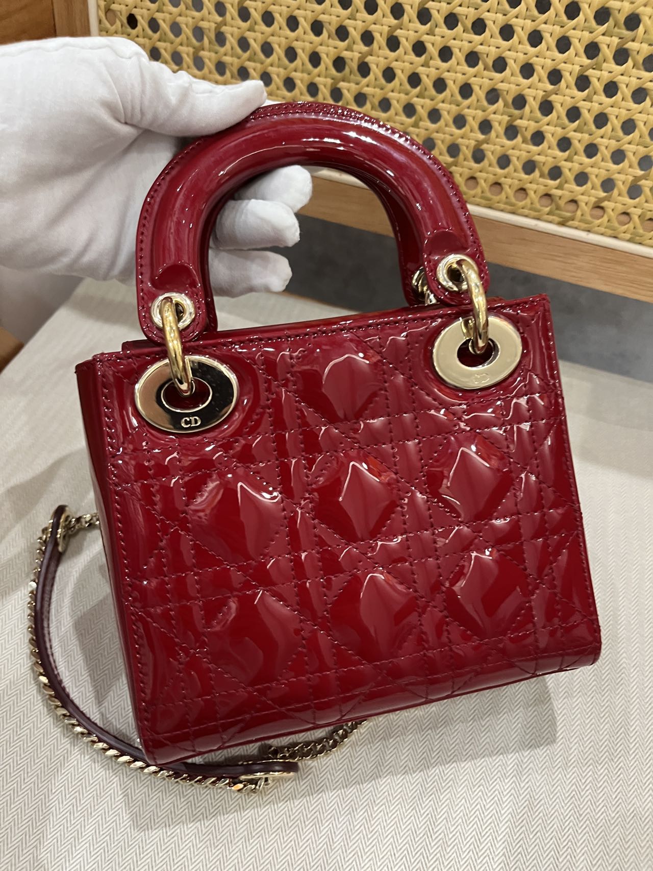 Pre-owned Certified Dior Mini Lady Dior in Dark Cherry Red Patent Leather with Light Golden Hardware, 2019, w/ full set