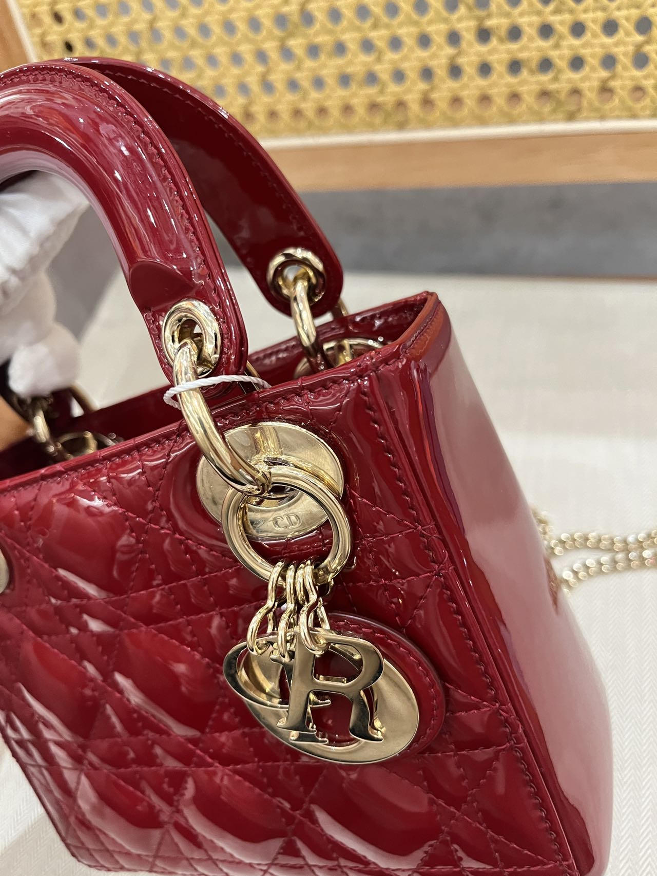 Pre-owned Certified Dior Mini Lady Dior in Dark Cherry Red Patent Leather with Light Golden Hardware, 2019, w/ full set