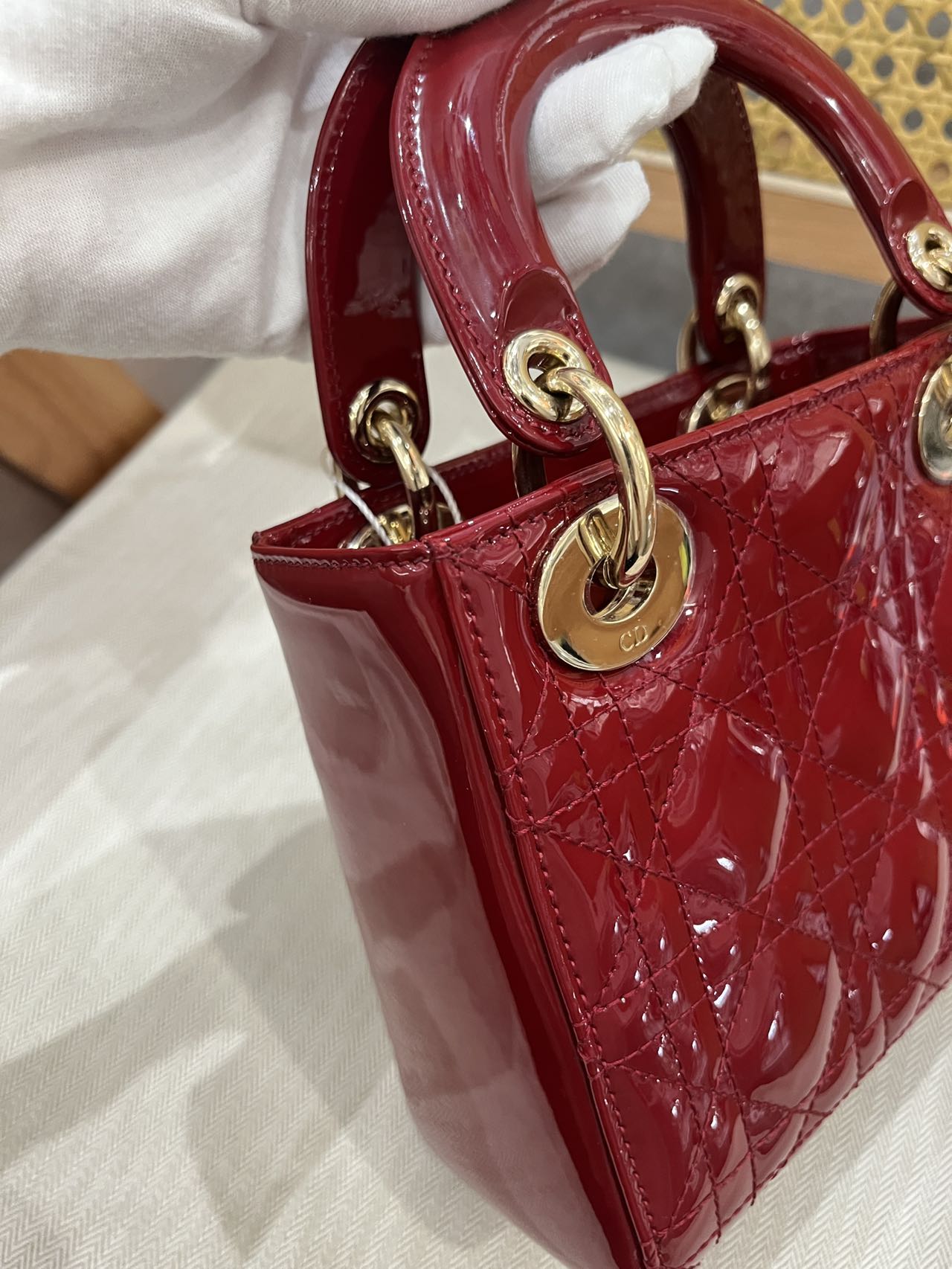 Pre-owned Certified Dior Mini Lady Dior in Dark Cherry Red Patent Leather with Light Golden Hardware, 2019, w/ full set