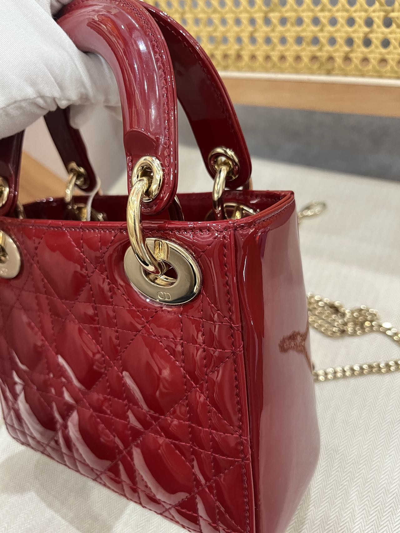 Pre-owned Certified Dior Mini Lady Dior in Dark Cherry Red Patent Leather with Light Golden Hardware, 2019, w/ full set