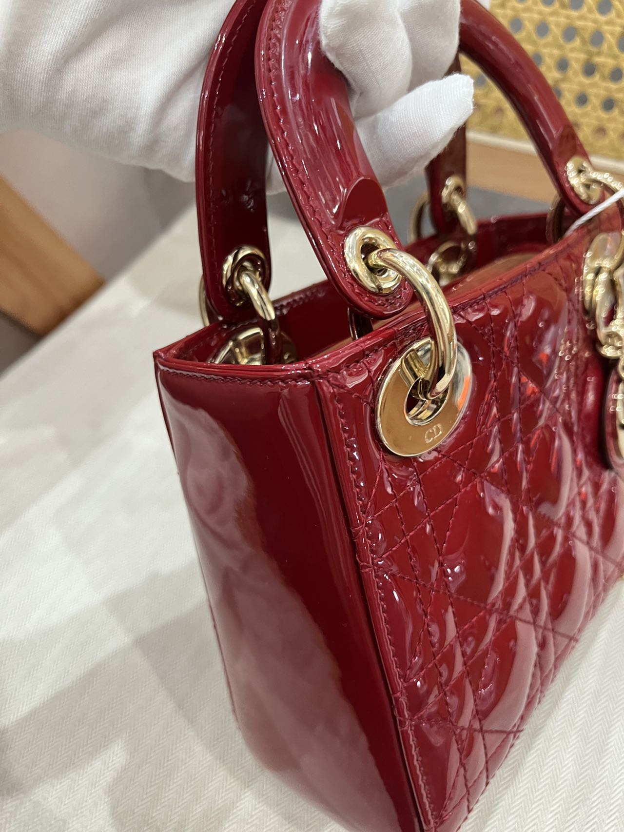 Pre-owned Certified Dior Mini Lady Dior in Dark Cherry Red Patent Leather with Light Golden Hardware, 2019, w/ full set